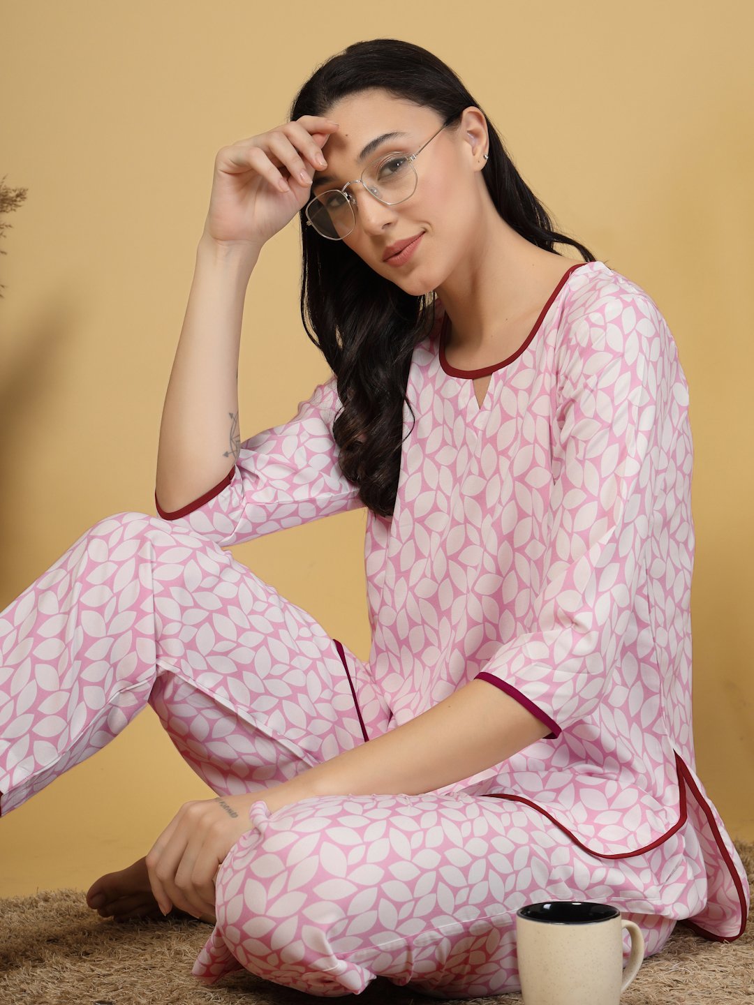 Women Pink Floral Cotton Blend Night Suit