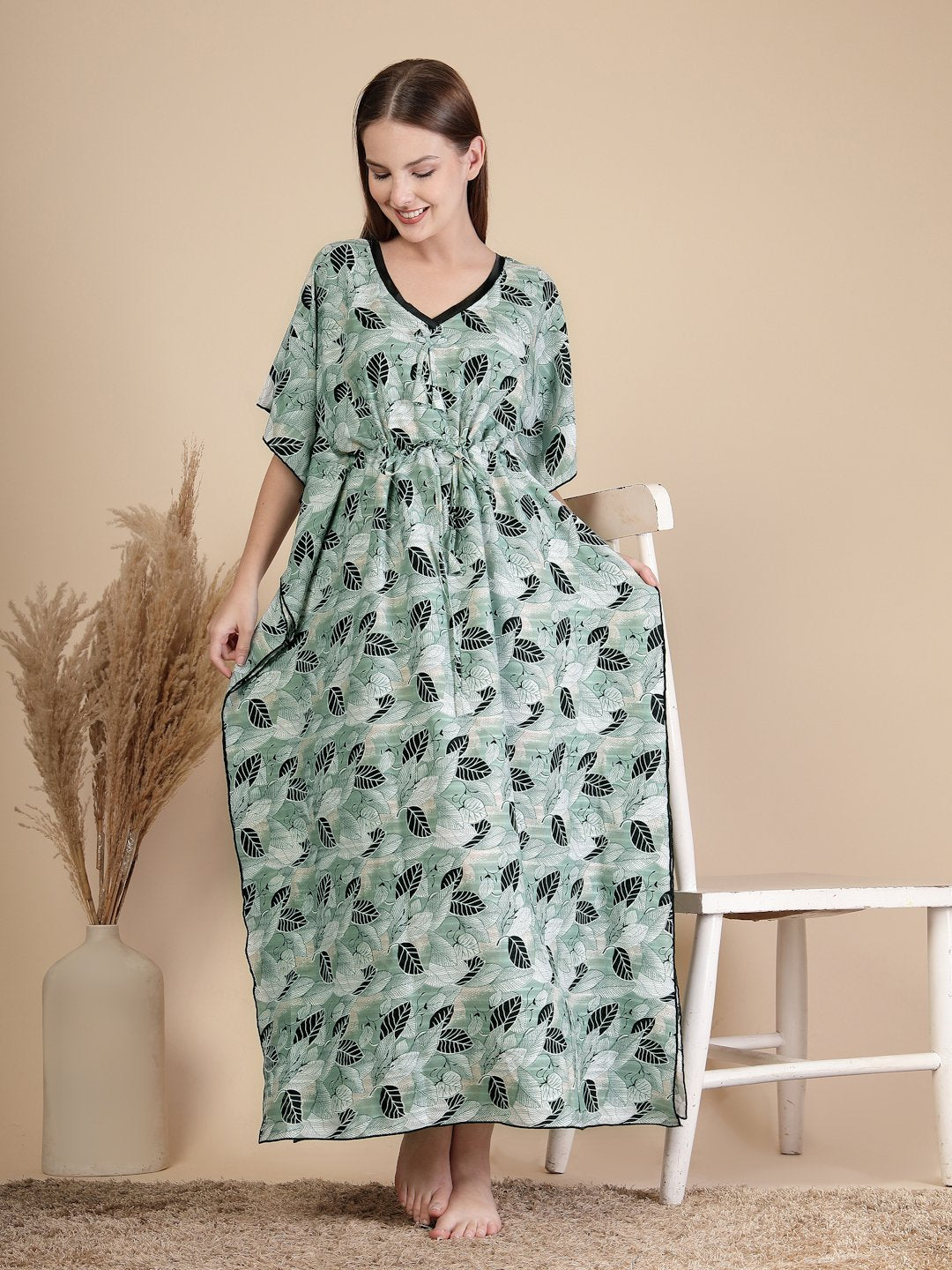 Green Floral Cotton Blend Kaftan Maxi Nightdress