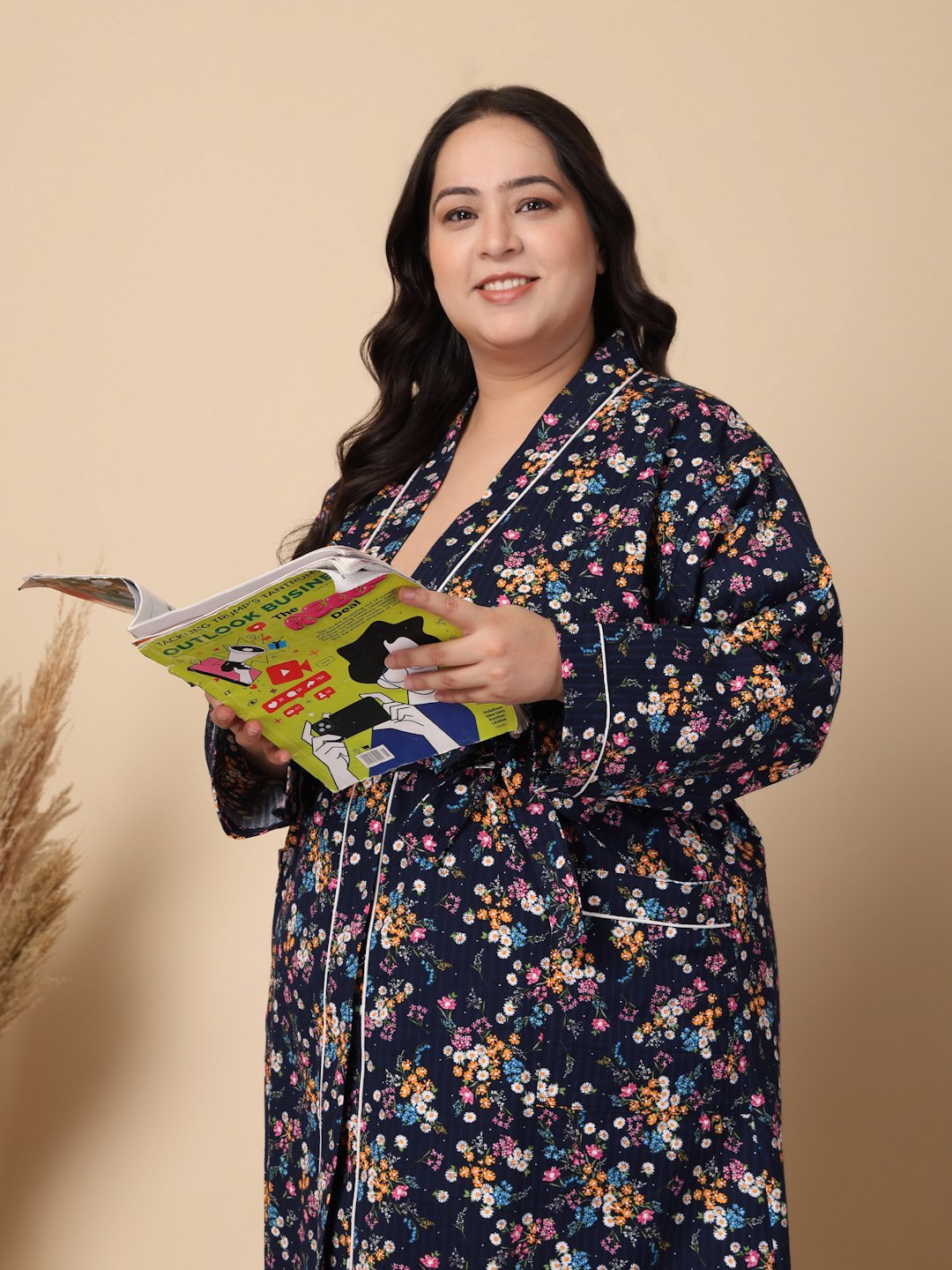 Women Printed Blue Floral Plus Size Pure Cotton Bath Robe With Belt