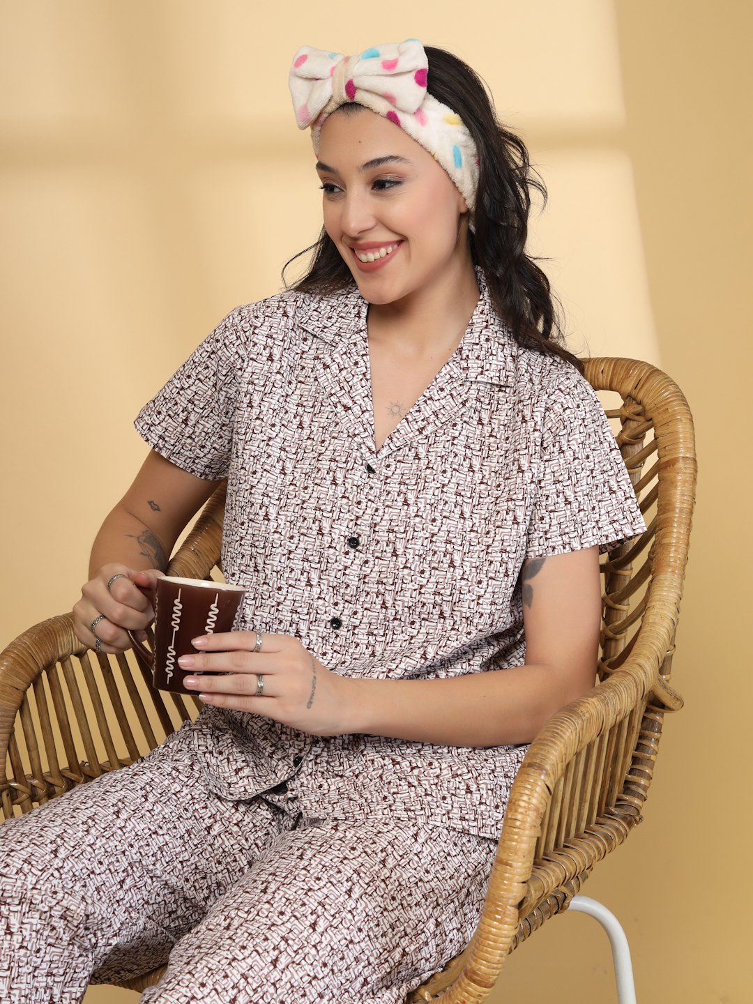 Women Maroon Abstract Pure Cotton Night Suit