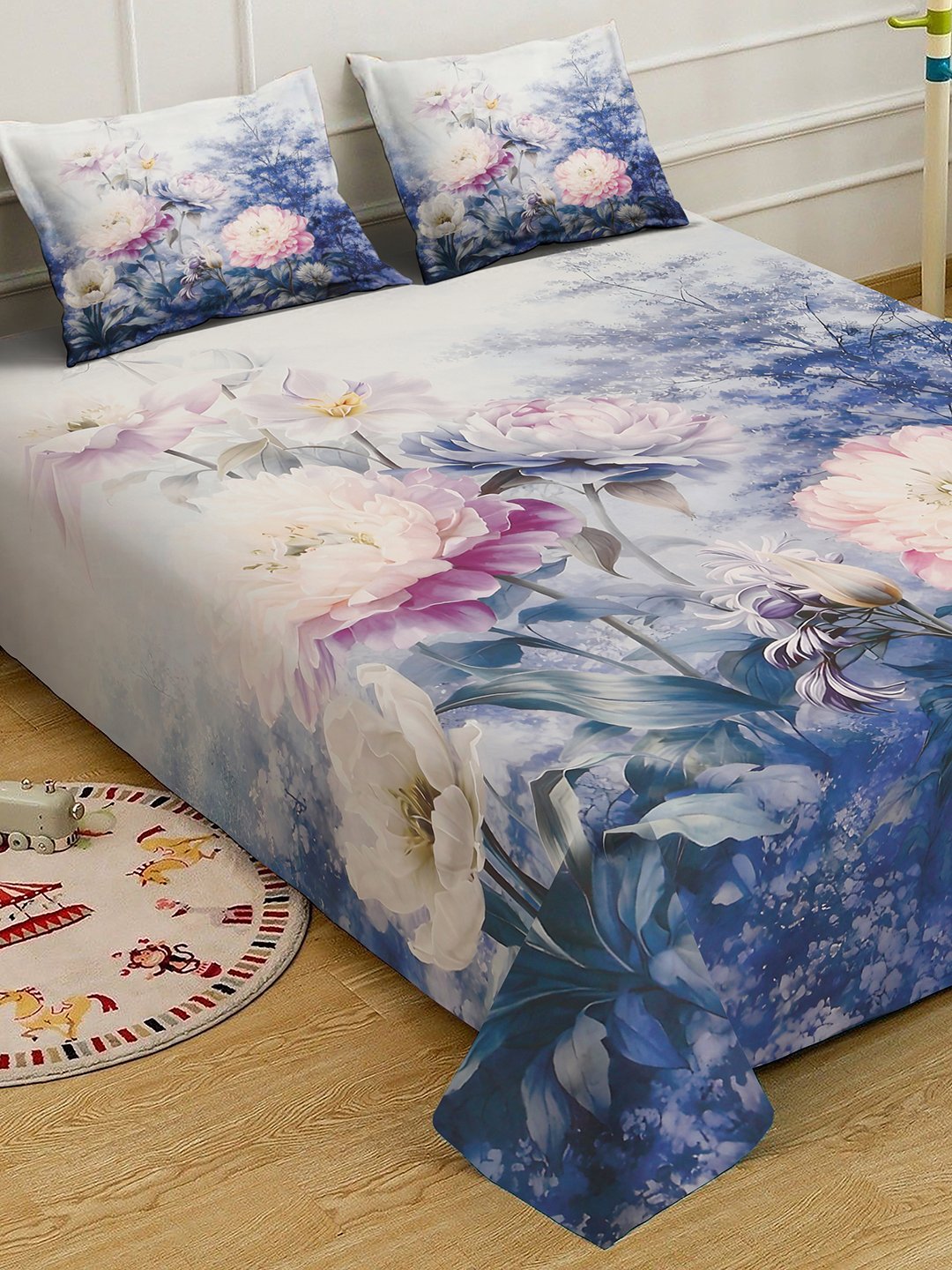 Blue Digital Floral Printed Cotton Blend Double Bedsheet with 2 Pillow Covers