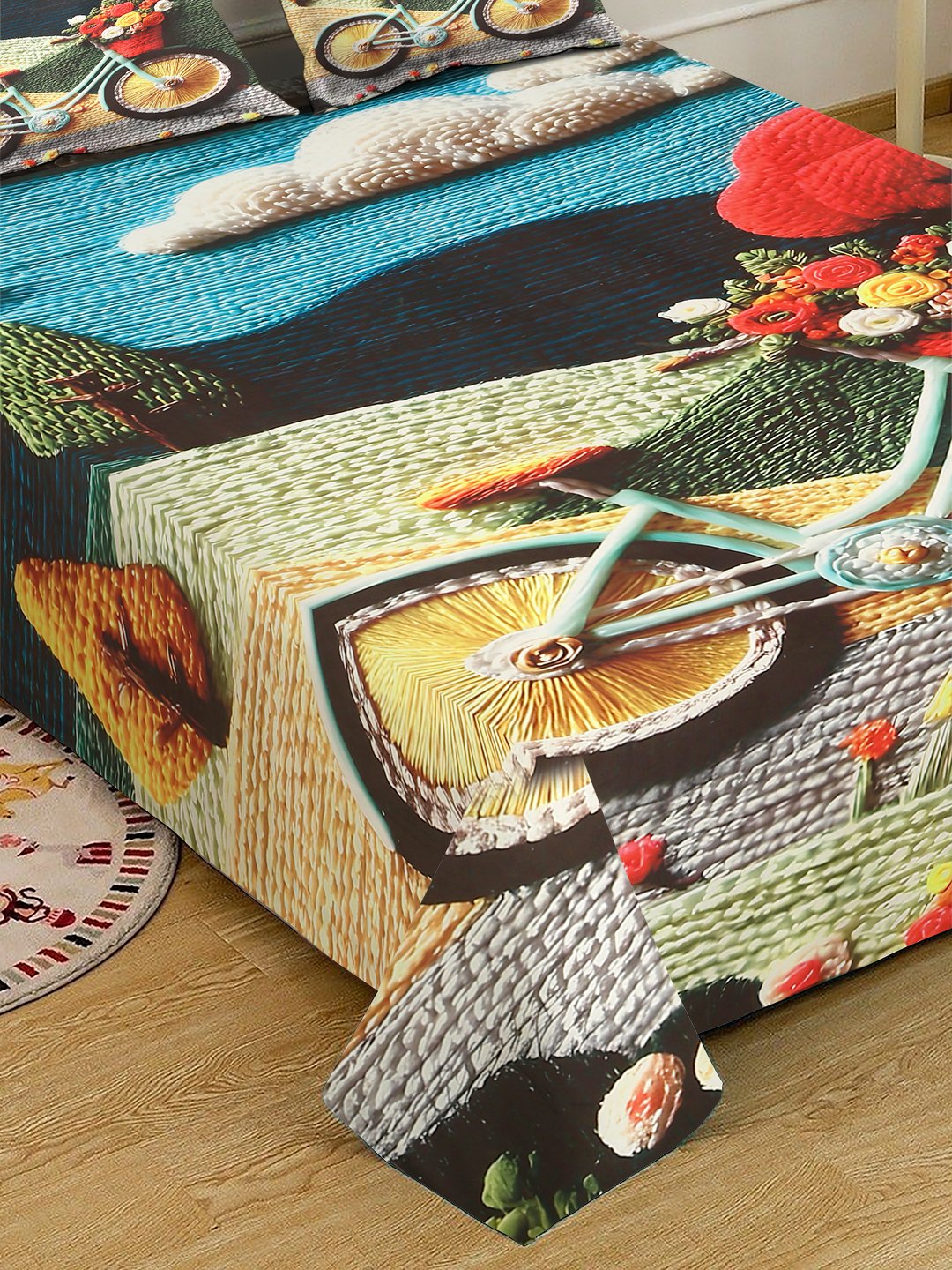 Multi Digital Abstract Printed Cotton Blend Fitted Double Bedsheet with 2 Pillow Covers