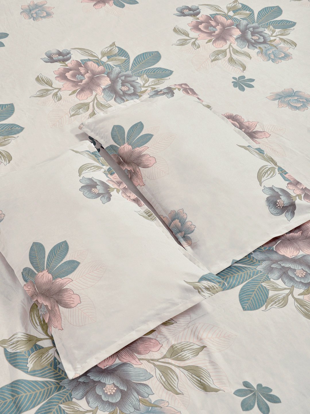 Beige Floral 300 TC Cotton Blend Fitted Double Bedsheet with 2 Pillow Covers
