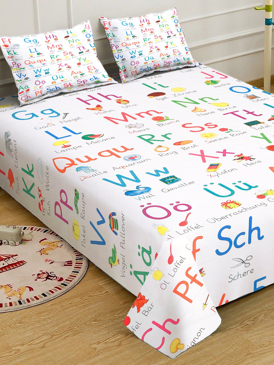 White Digital Cartoon Characters Printed Cotton Blend Fitted Double Bedsheet with 2 Pillow Covers