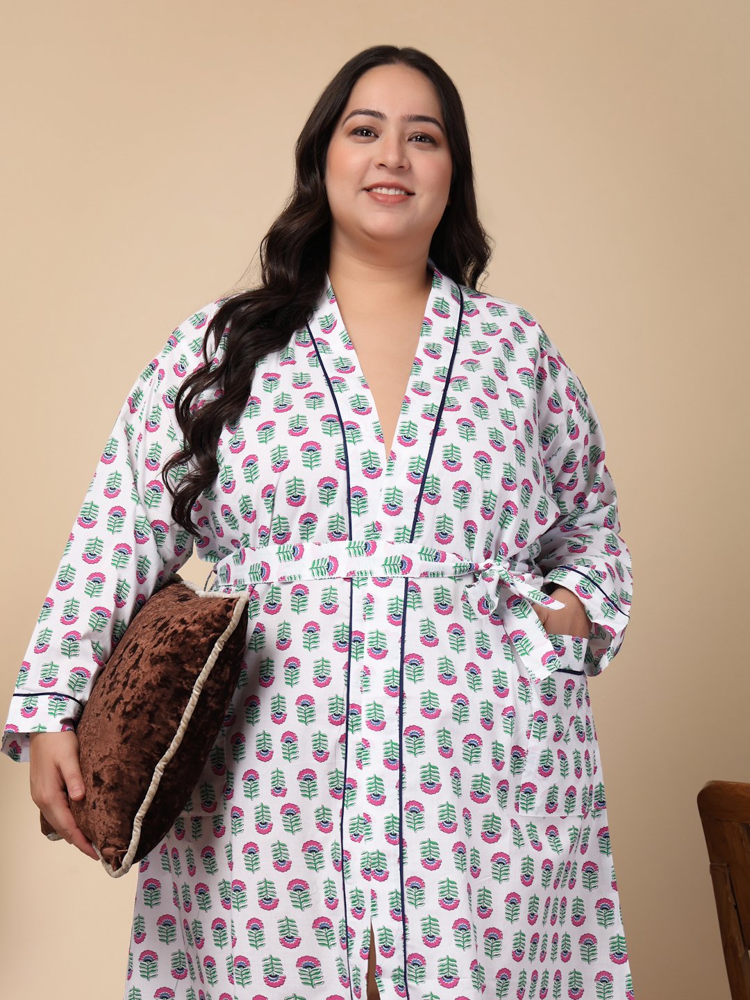 Women Printed White Floral Plus Size Pure Cotton Bath Robe With Belt