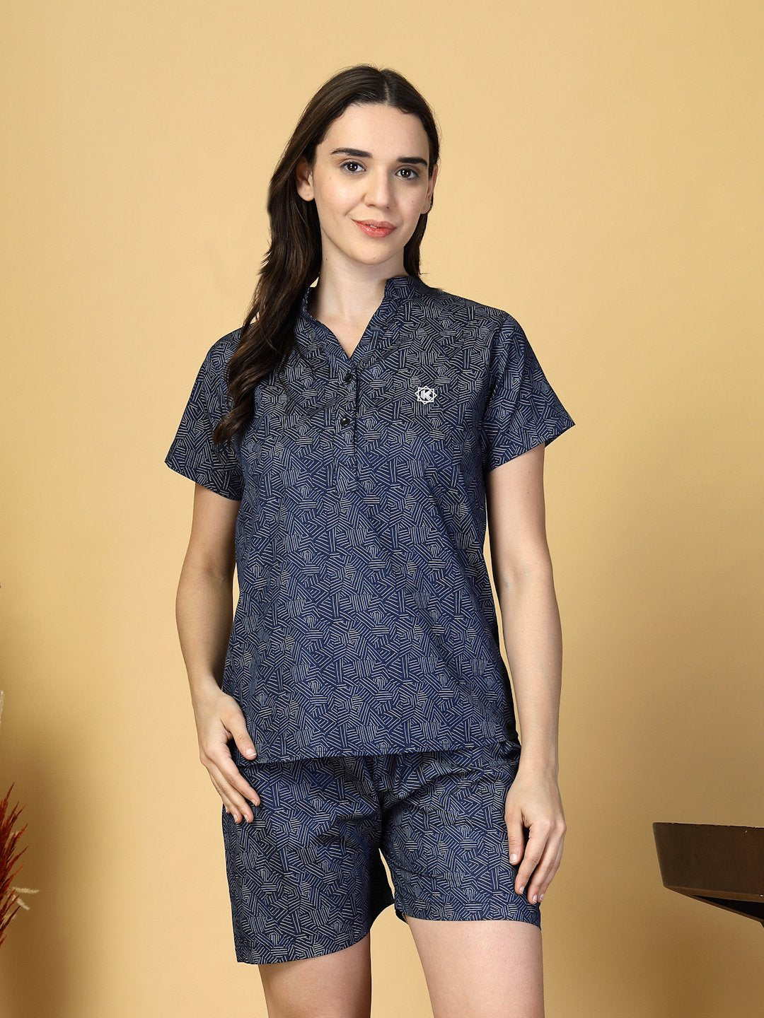 Women Navy Blue Abstract Pure Cotton Night Suit