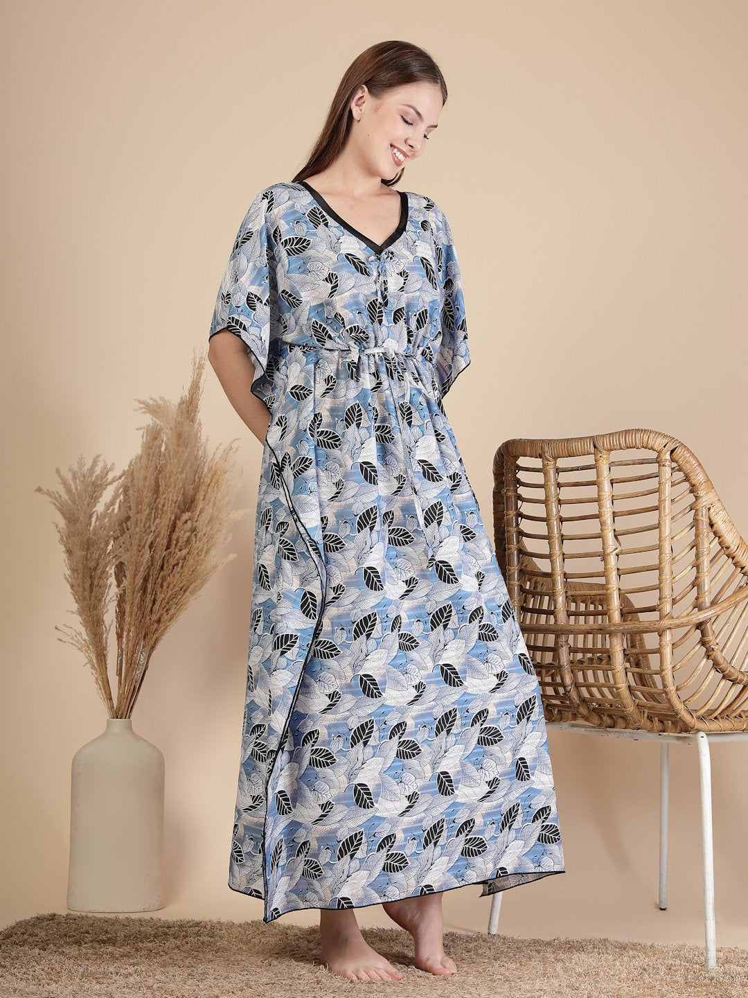 Blue Floral Cotton Blend Kaftan Maxi Nightdress