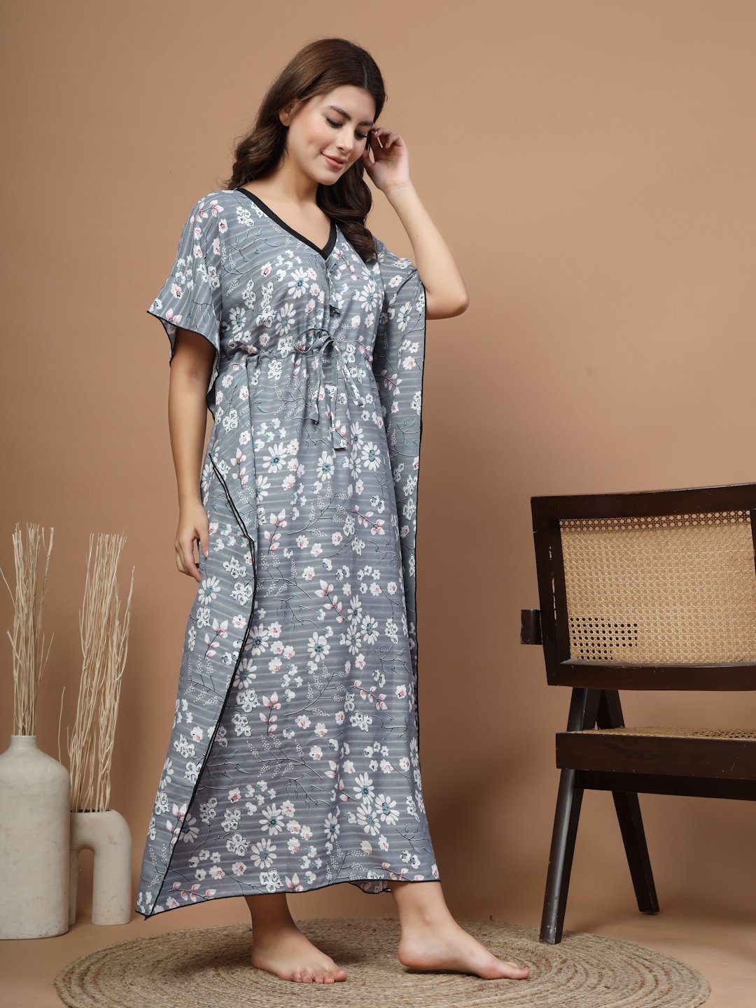 Grey Floral Cotton Blend Kaftan Maxi Nightdress
