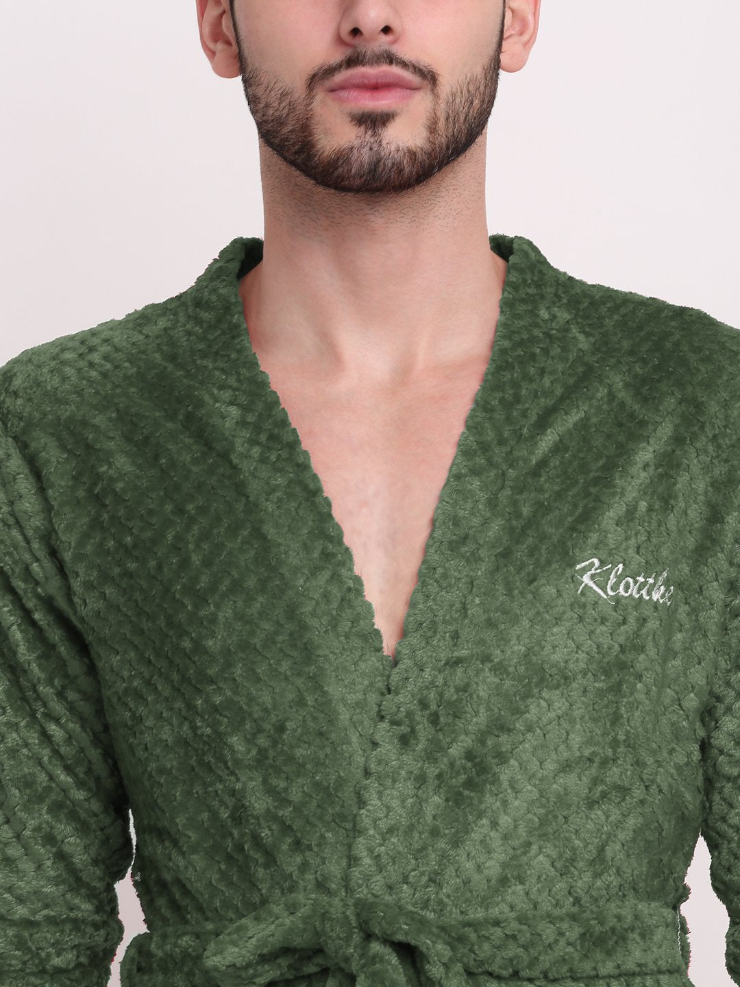 Men Green Self Design Wool Bath Robe With Belt