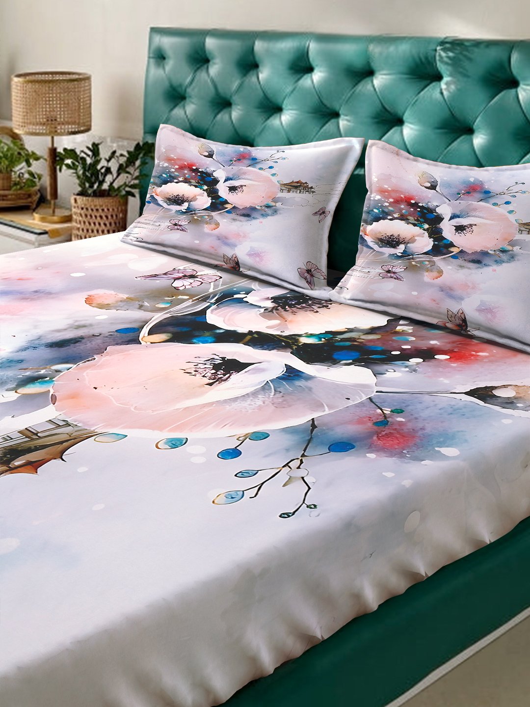 Multi Digital Floral Printed Cotton Blend Double Bedsheet with 2 Pillow Covers