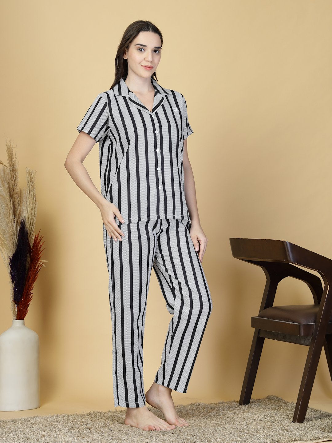 Women Black Striped Cotton Blend Night Suit