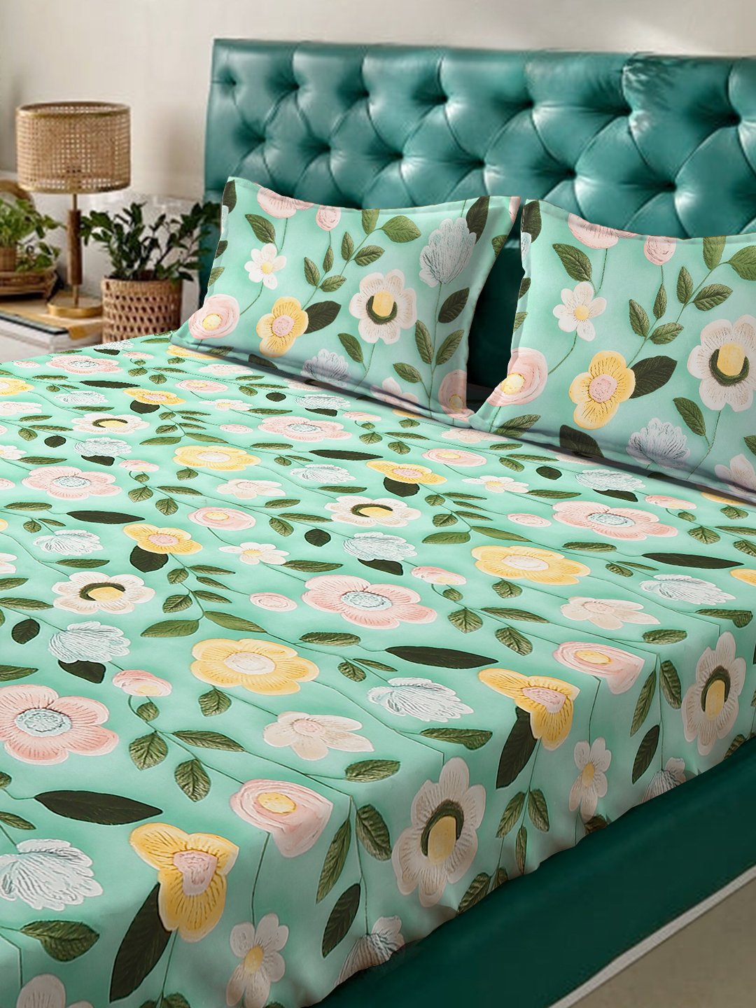 Green Floral 7D King Size Cotton Blend Fitted Double Bedsheet with 2 Pillow Covers