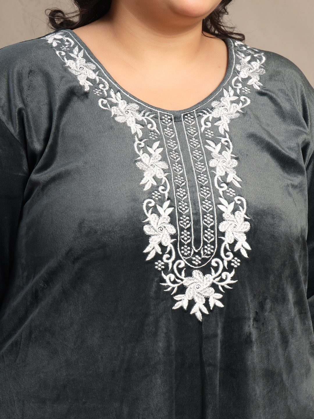 Klotthe Grey Solid Soft touch Velvet Maxi Nightdress