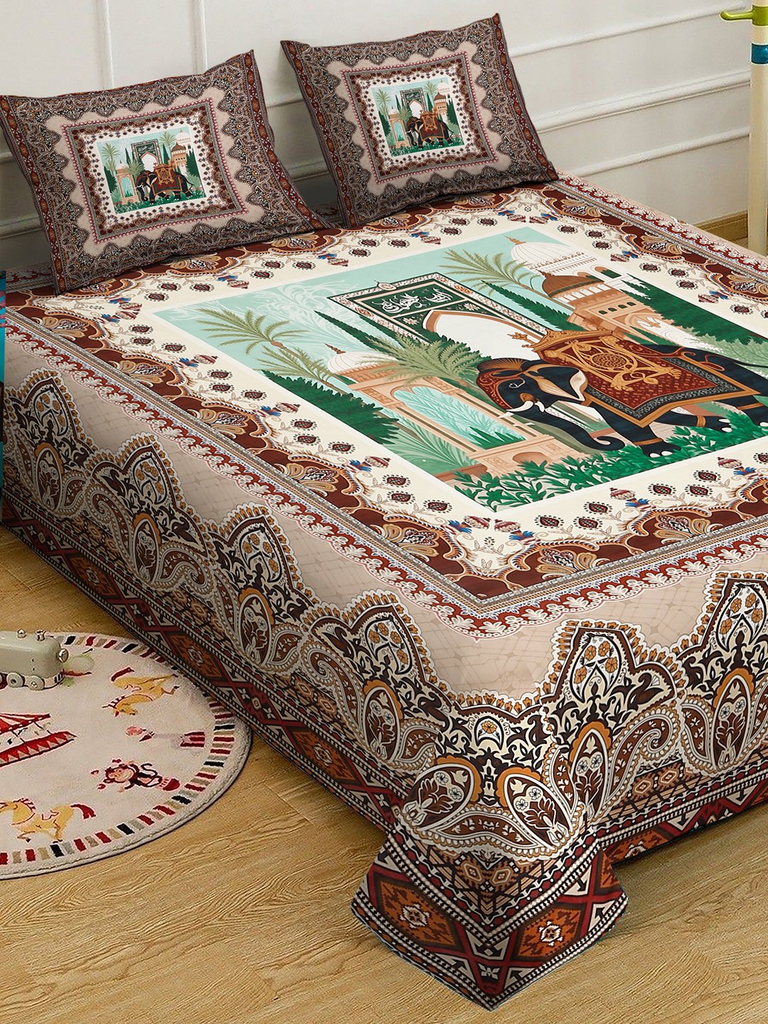 Multi Digital Ethnic Motifs Printed Cotton Blend Fitted Double Bedsheet with 2 Pillow Covers