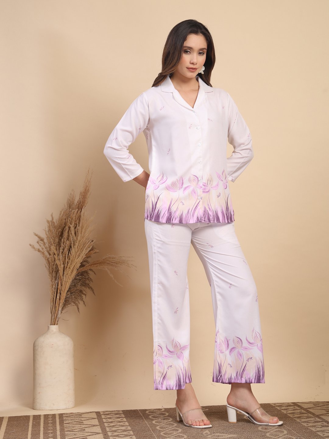 White Cotton Printed Shirt With Trousers Co-Ords Set