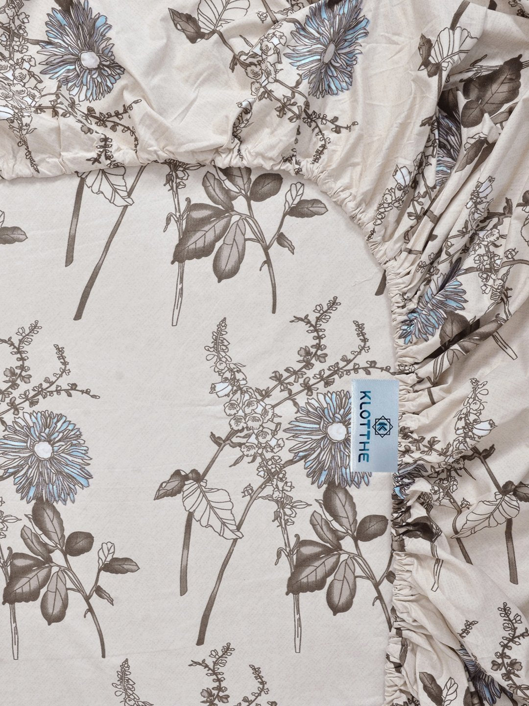 Cream Floral 300 TC Cotton Blend Fitted Single Bedsheet with Pillow Cover