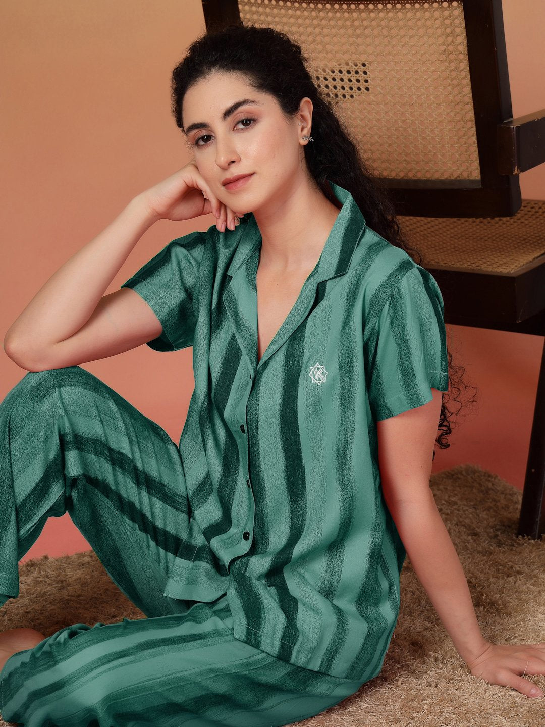 Women Green Striped Pure Cotton Night Suit
