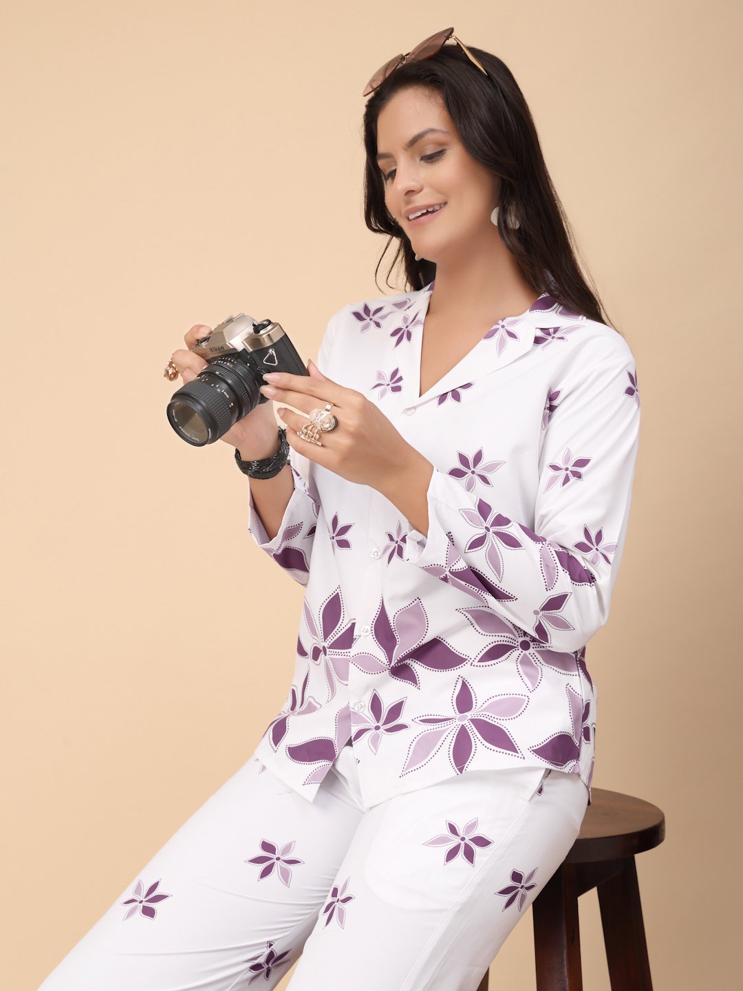 White Cotton Printed Shirt With Trousers Co-Ords Set