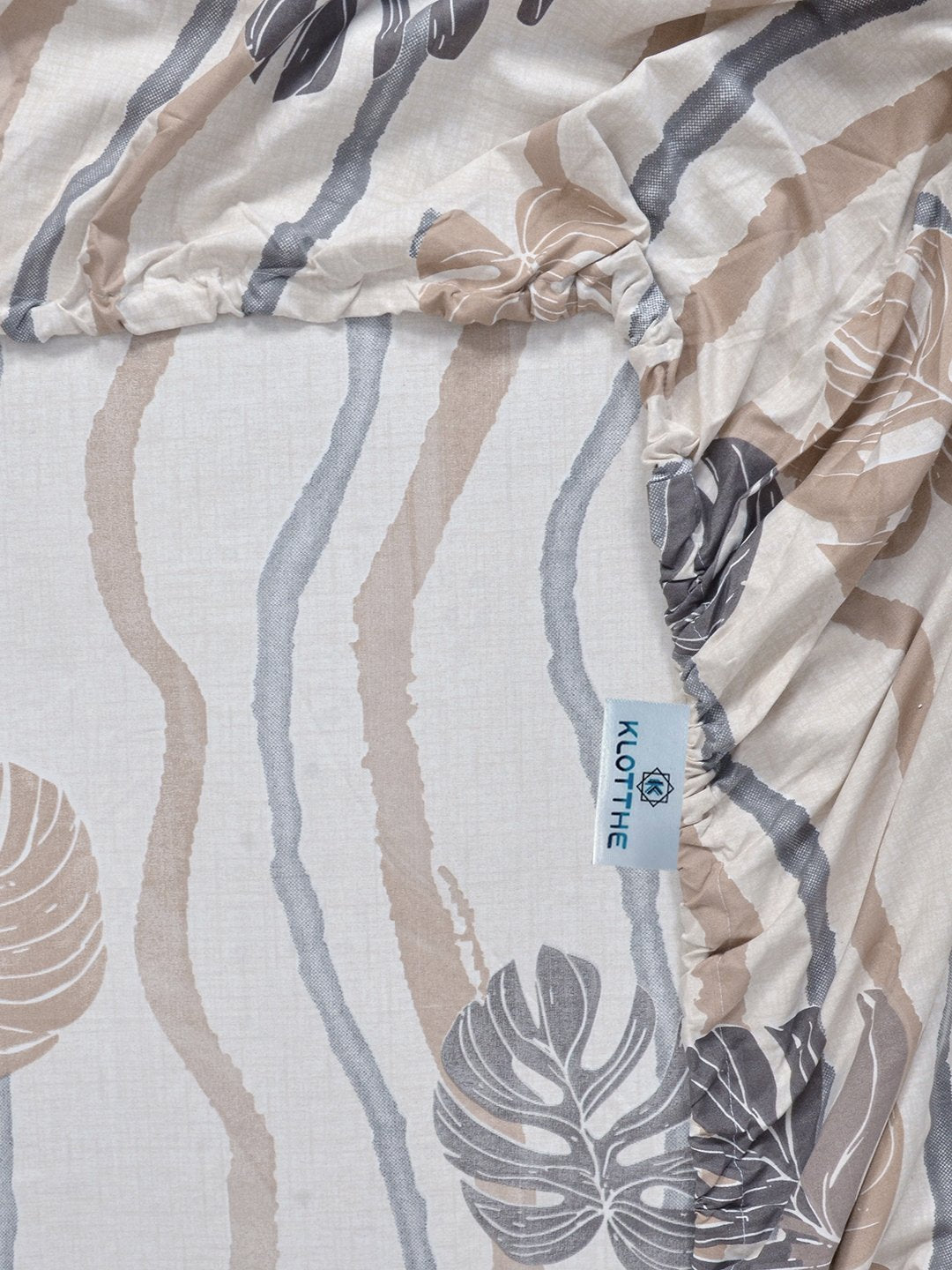 Beige Floral 300 TC Cotton Blend Fitted Single Bedsheet with Pillow Cover