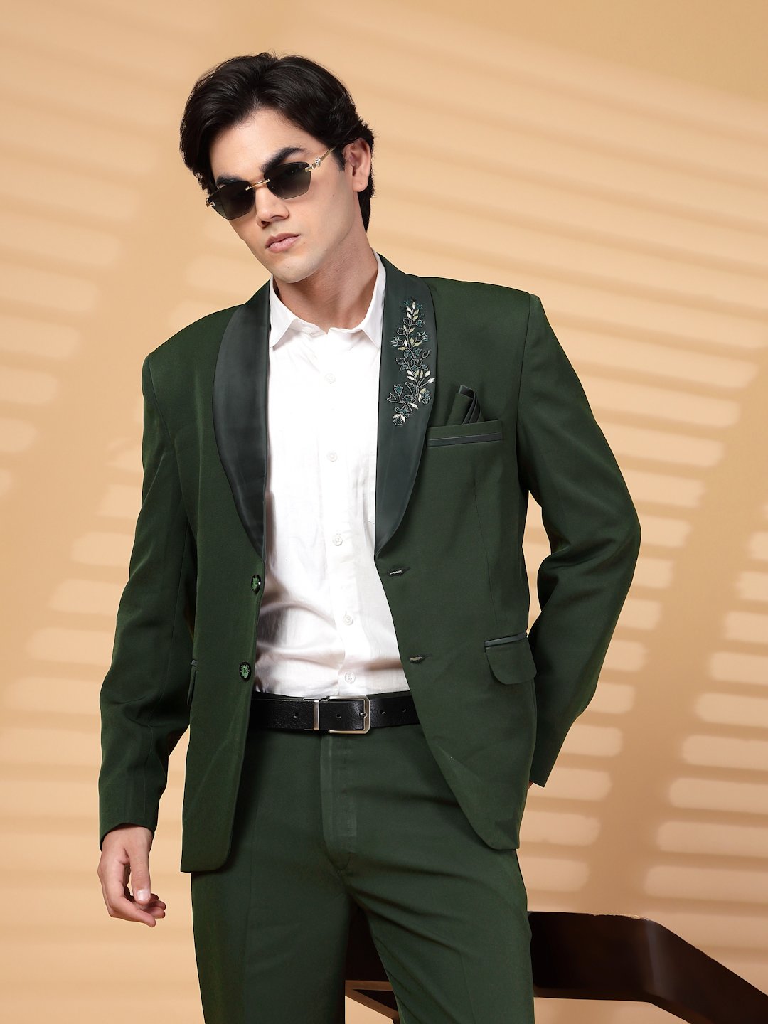 Green Solid Embroidery Single-Breasted Two-Piece Party Suit