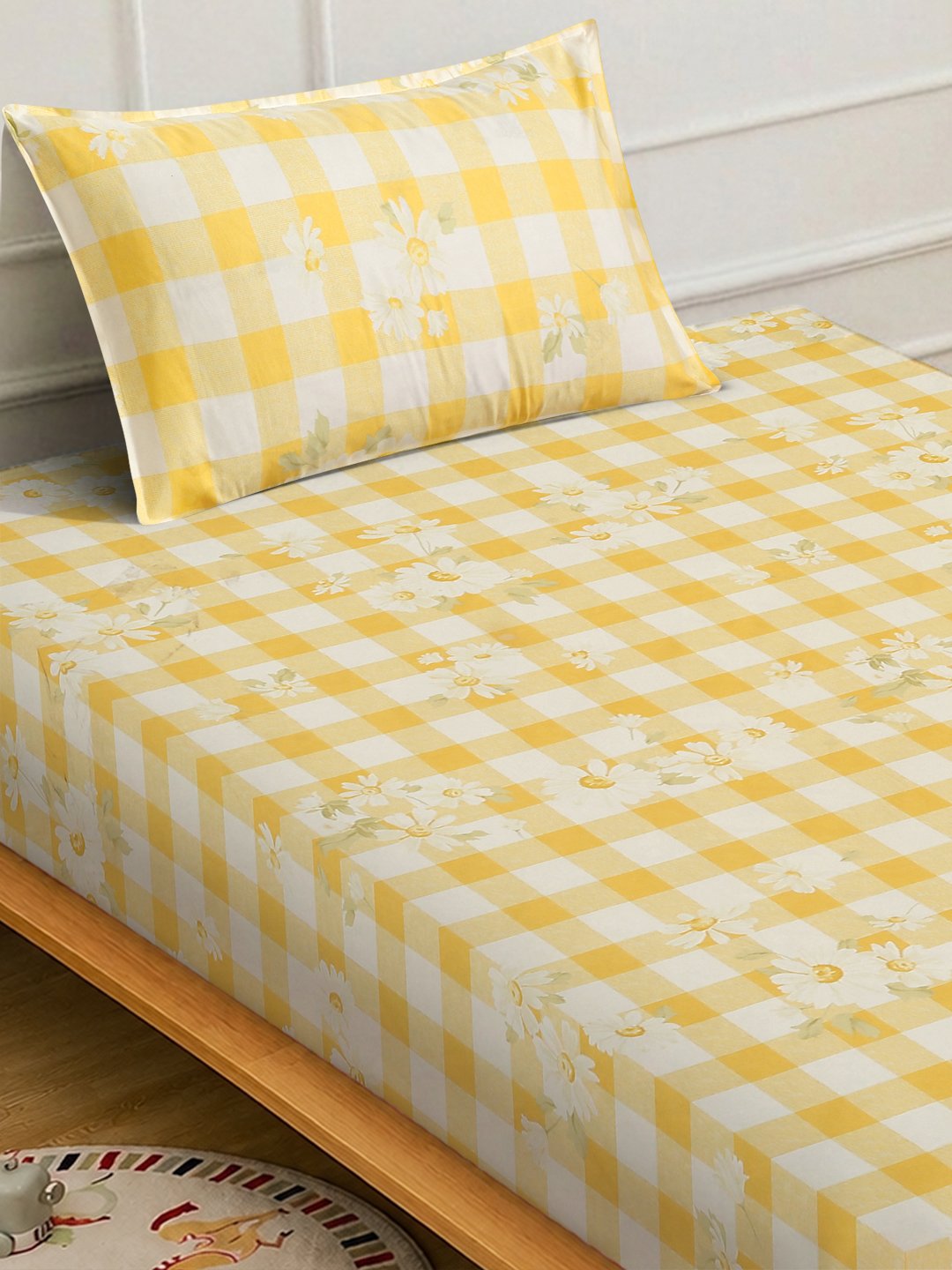 Yellow Floral Cotton Blend Single Bedsheet with Pillow Cover