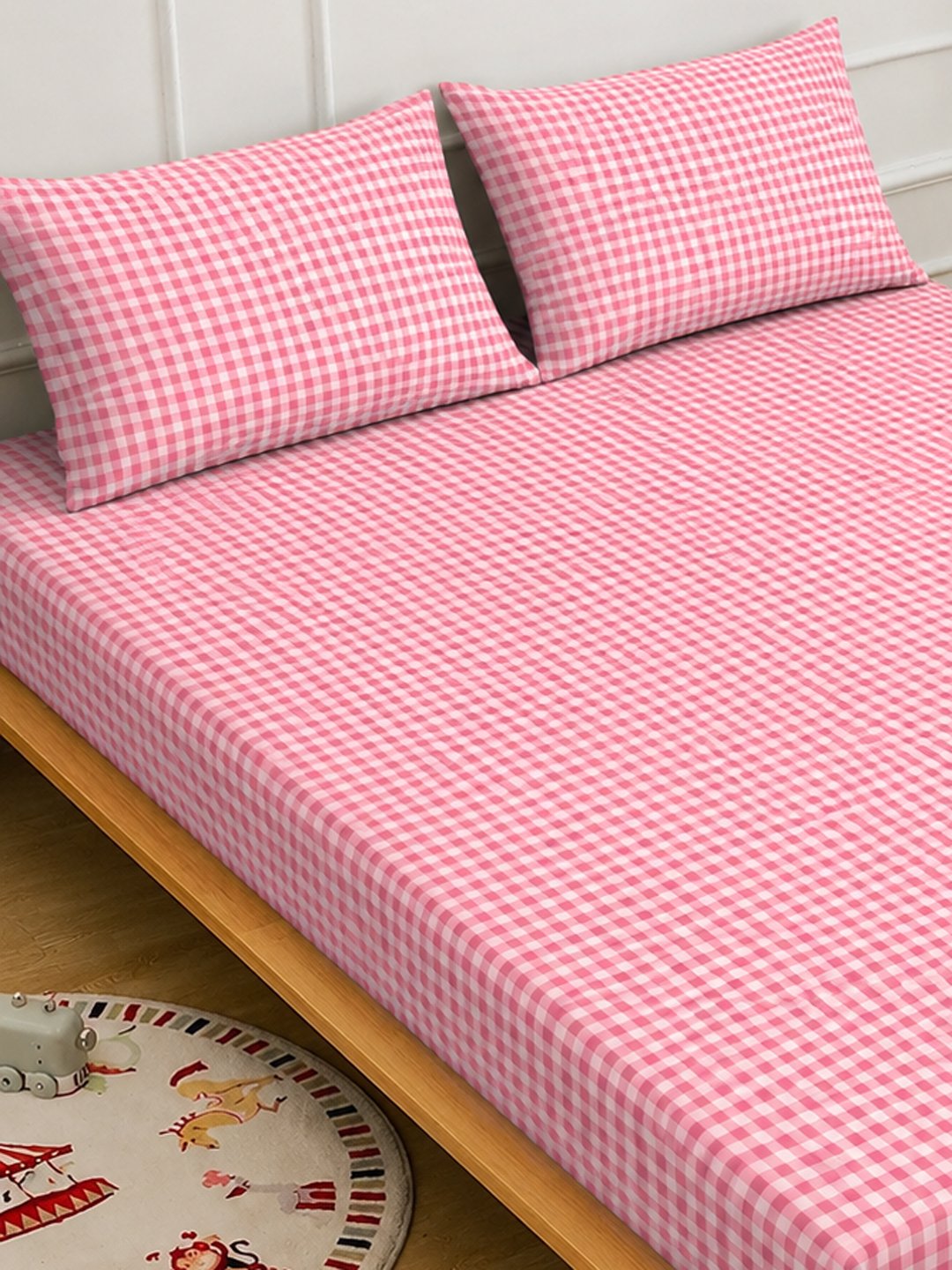 Red Checked Cotton Blend Double Bedsheet with 2 Pillow Covers