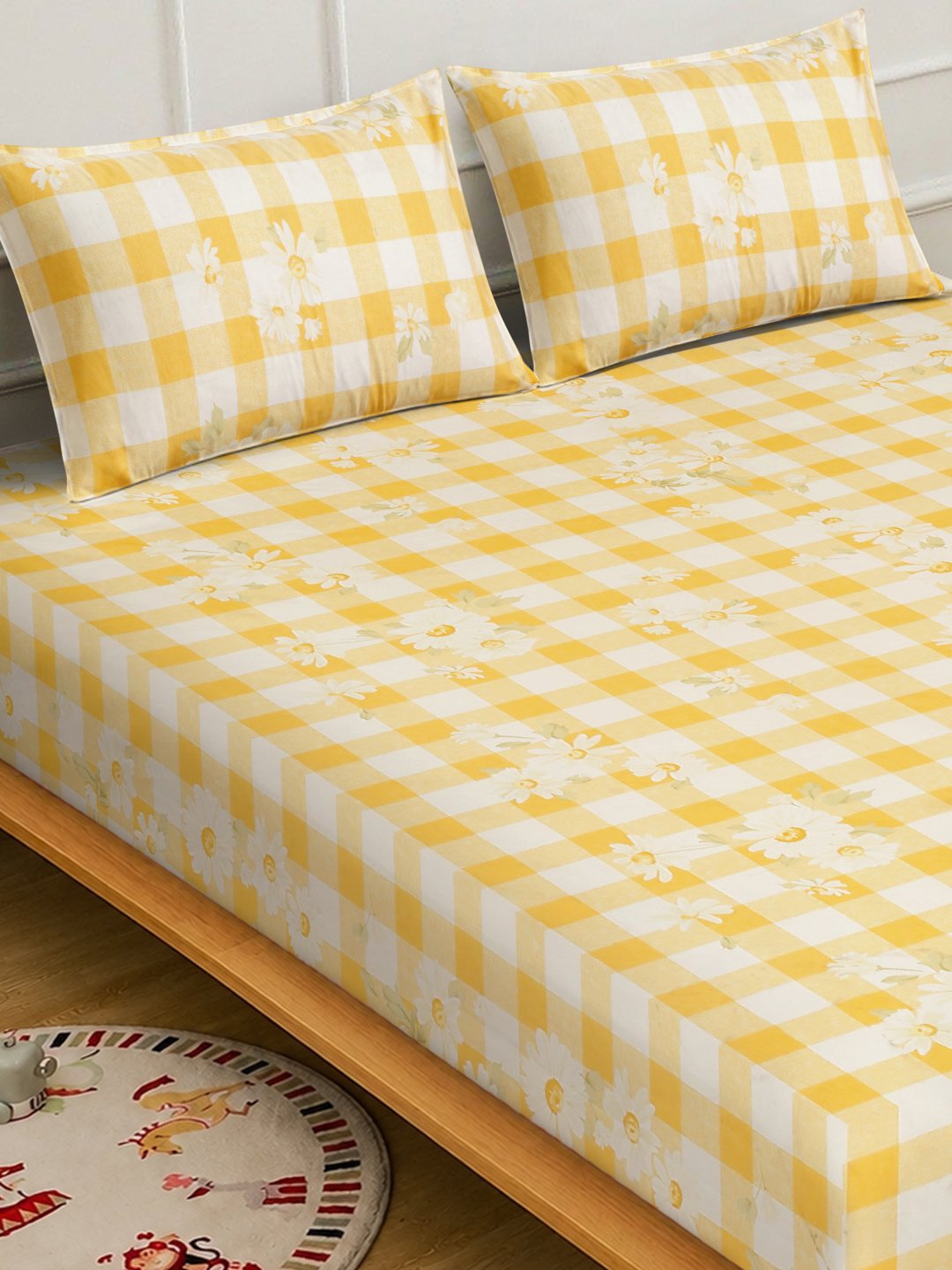 Yellow Floral Cotton Blend Fitted Double Bedsheet with 2 Pillow Covers