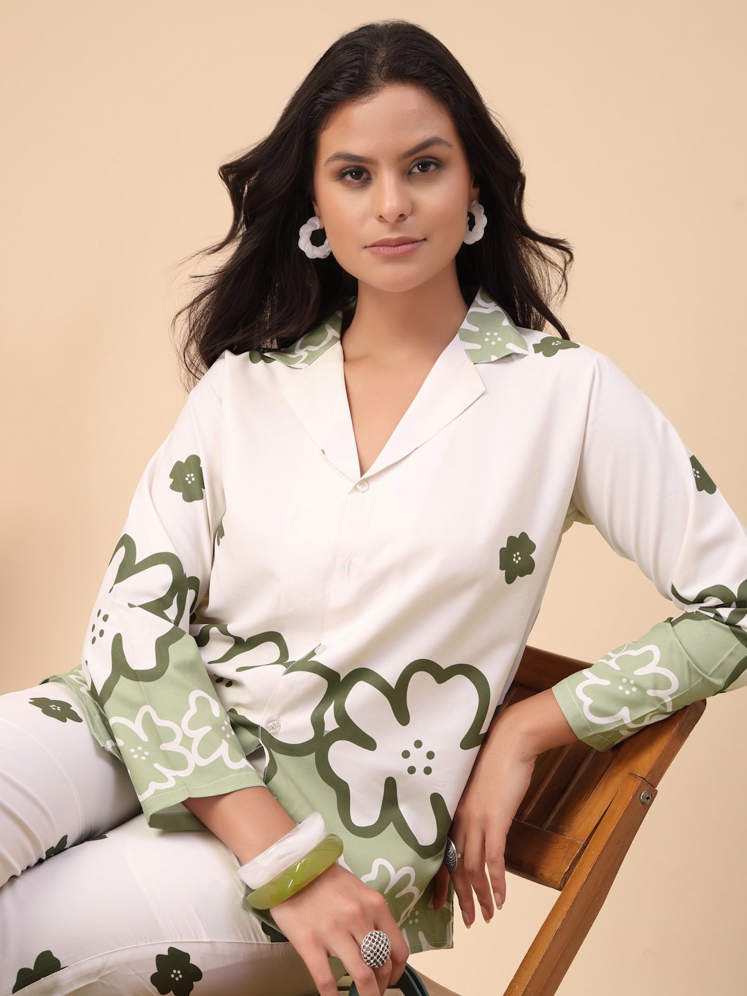 Cream Cotton Printed Shirt With Trousers Co-Ords Set