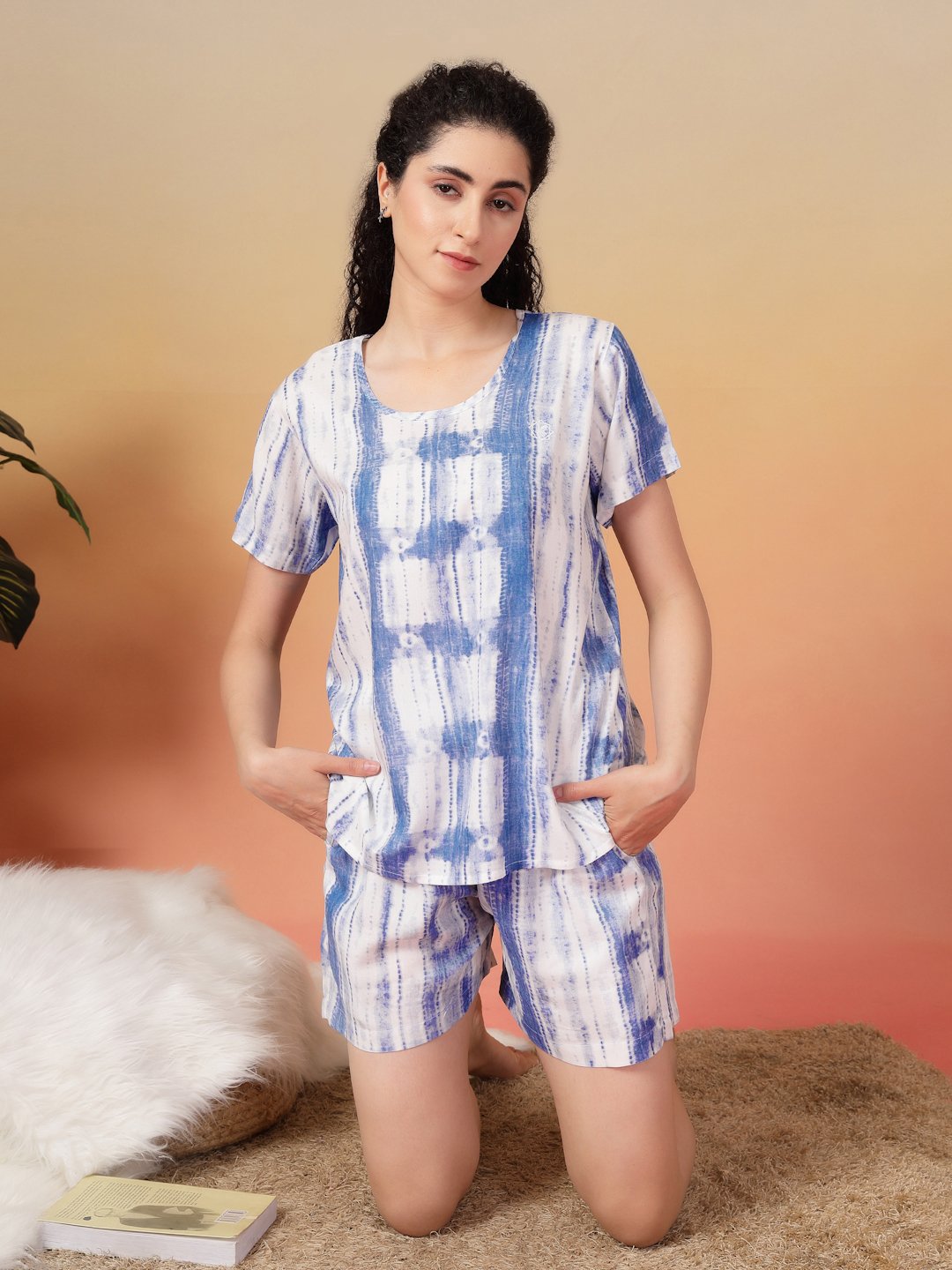Women Blue Abstract Pure Cotton Night Suit