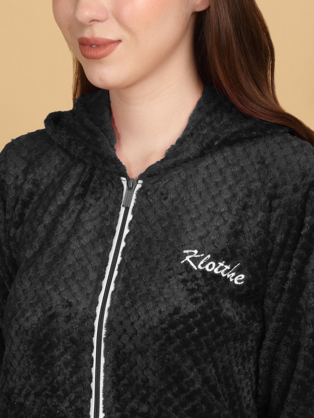 Women Black Solid Hooded Woolen Night Suit