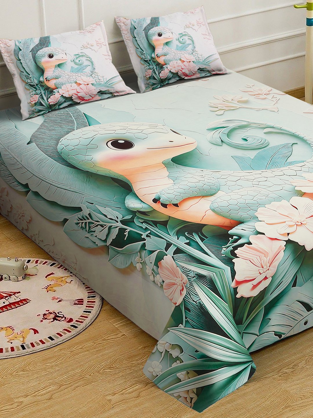 Green Digital Animal Printed Cotton Blend Double Bedsheet with 2 Pillow Covers