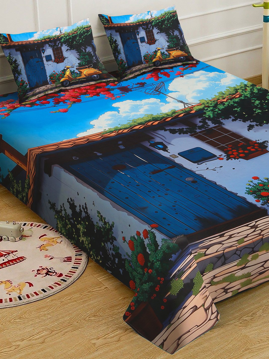 Blue Digital Abstract Printed Cotton Blend Double Bedsheet with 2 Pillow Covers