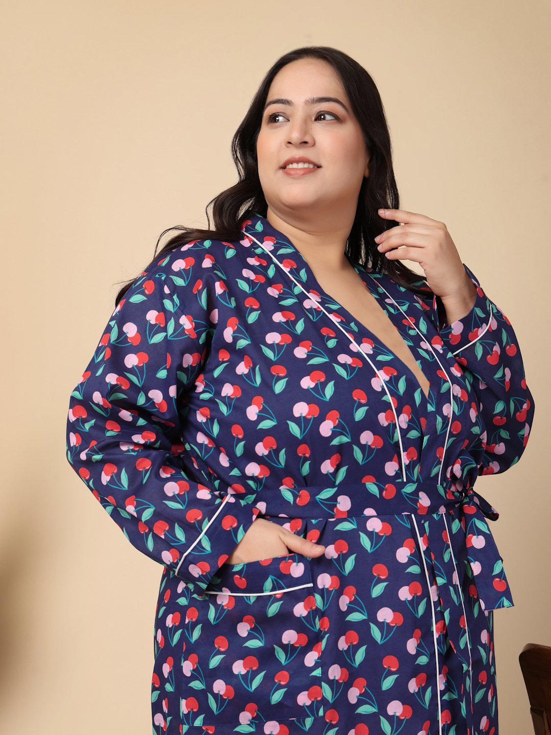 Women Printed Blue Abstract Plus Size Pure Cotton Bath Robe With Belt