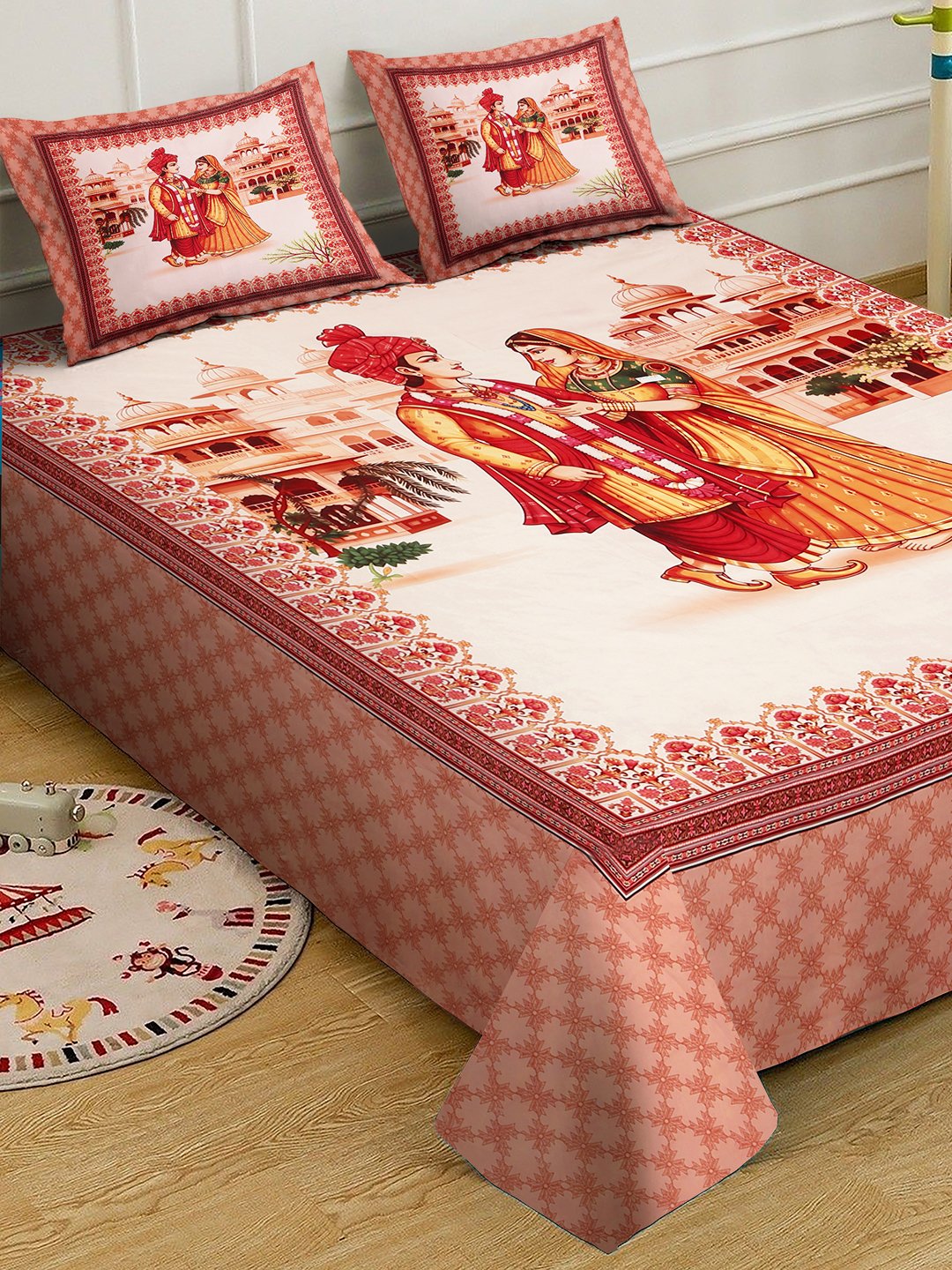 Rust Digital Ethnic Motifs Printed Cotton Blend Fitted Double Bedsheet with 2 Pillow Covers
