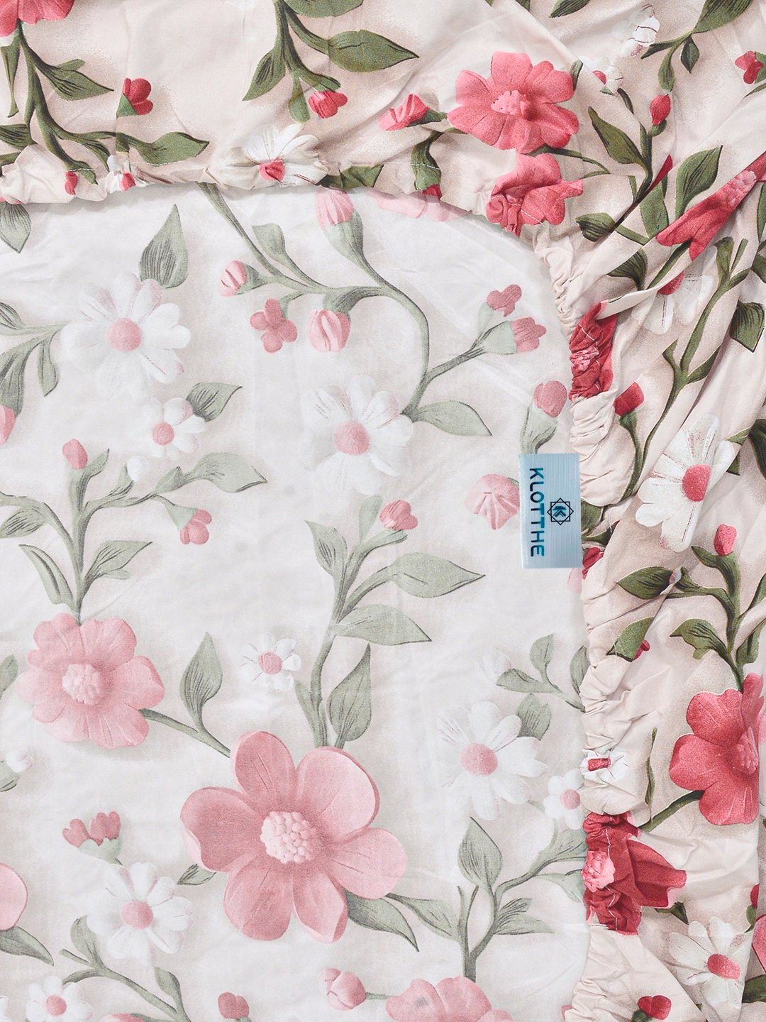Cream Floral 7D King Size Cotton Blend Fitted Double Bedsheet with 2 Pillow Covers