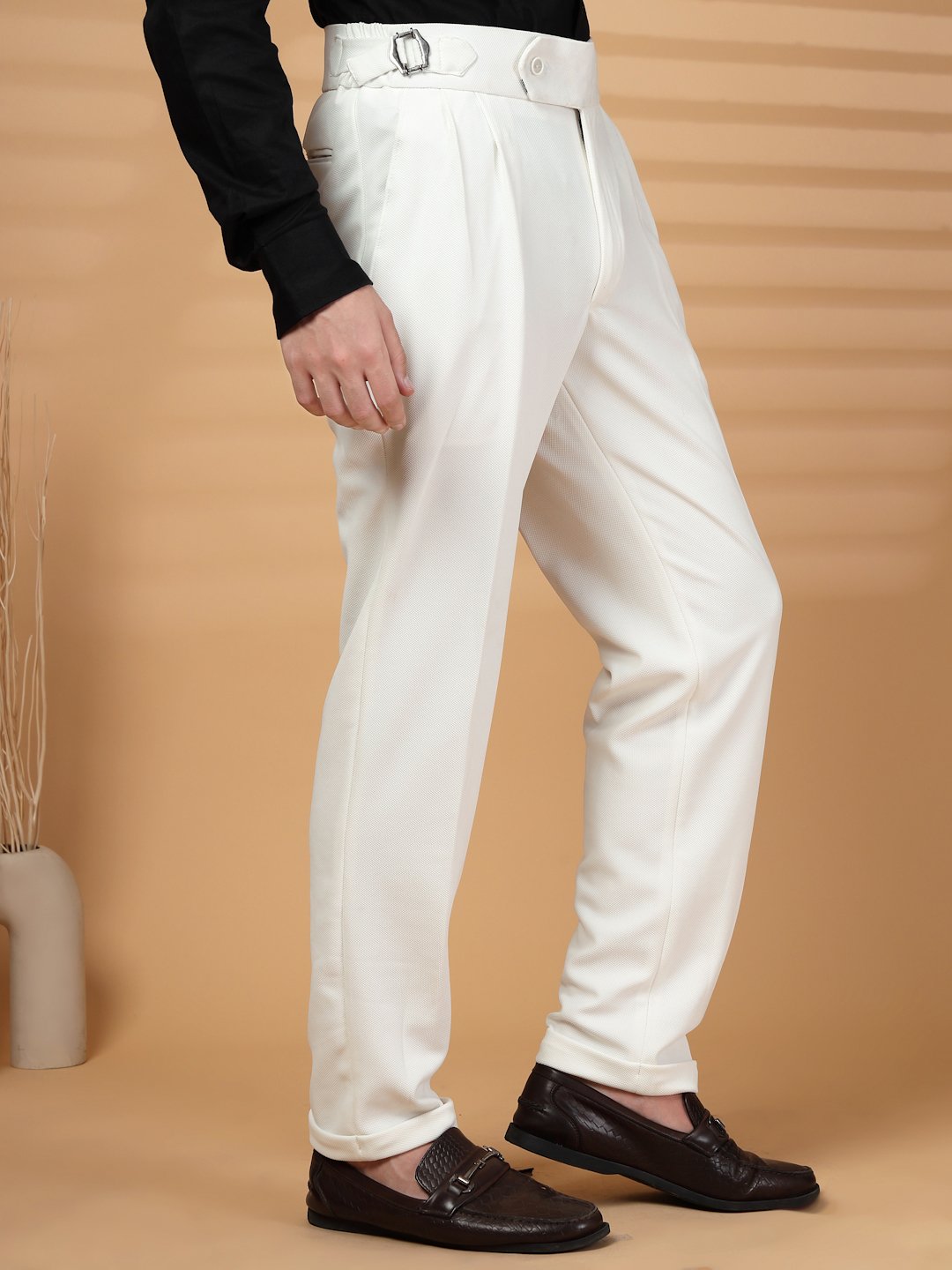White Lycra Cotton Comfort-Fit Solid Regular Formal Trouser