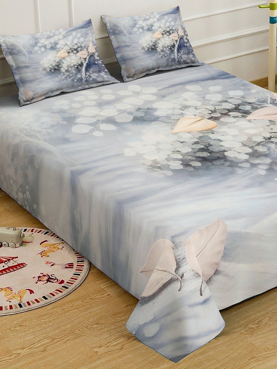 Grey Digital Floral Printed Cotton Blend Double Bedsheet with 2 Pillow Covers