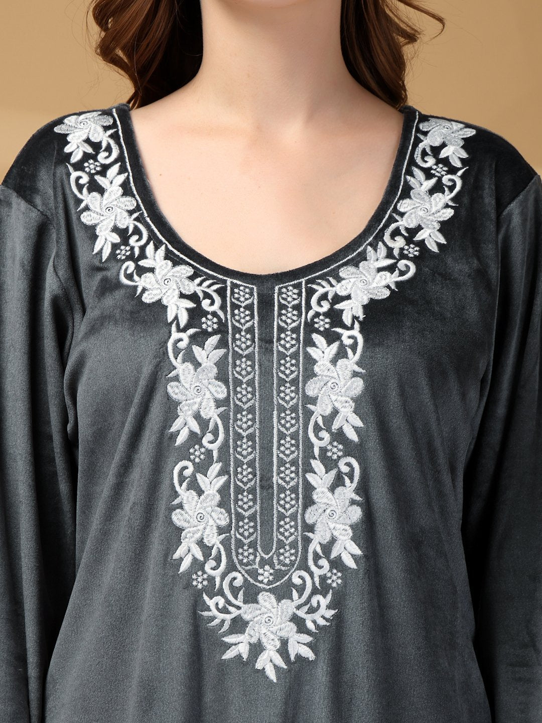Klotthe Grey Solid Soft touch Velvet Maxi Nightdress