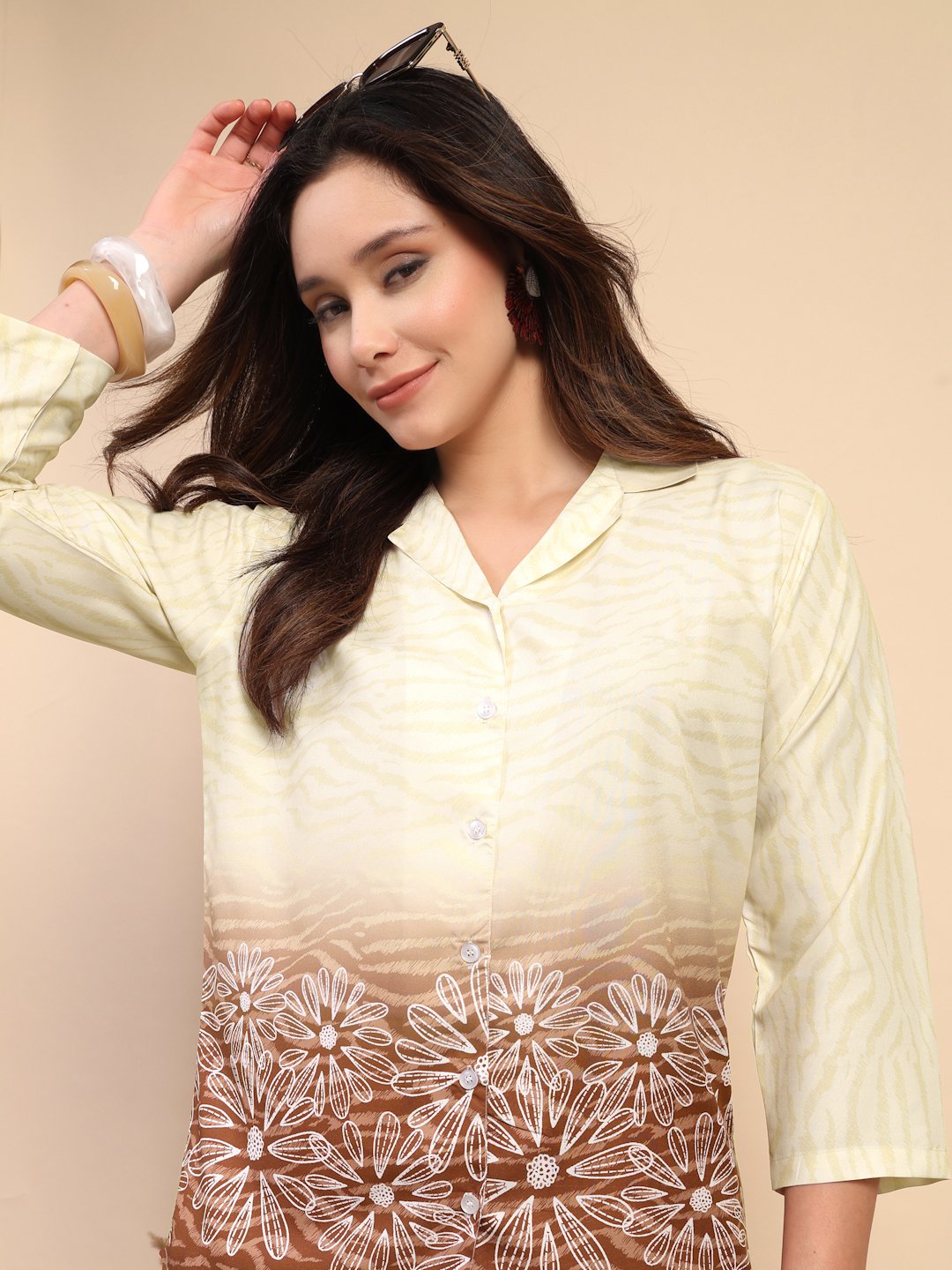 Brown Cotton Printed Shirt With Trousers Co-Ords Set