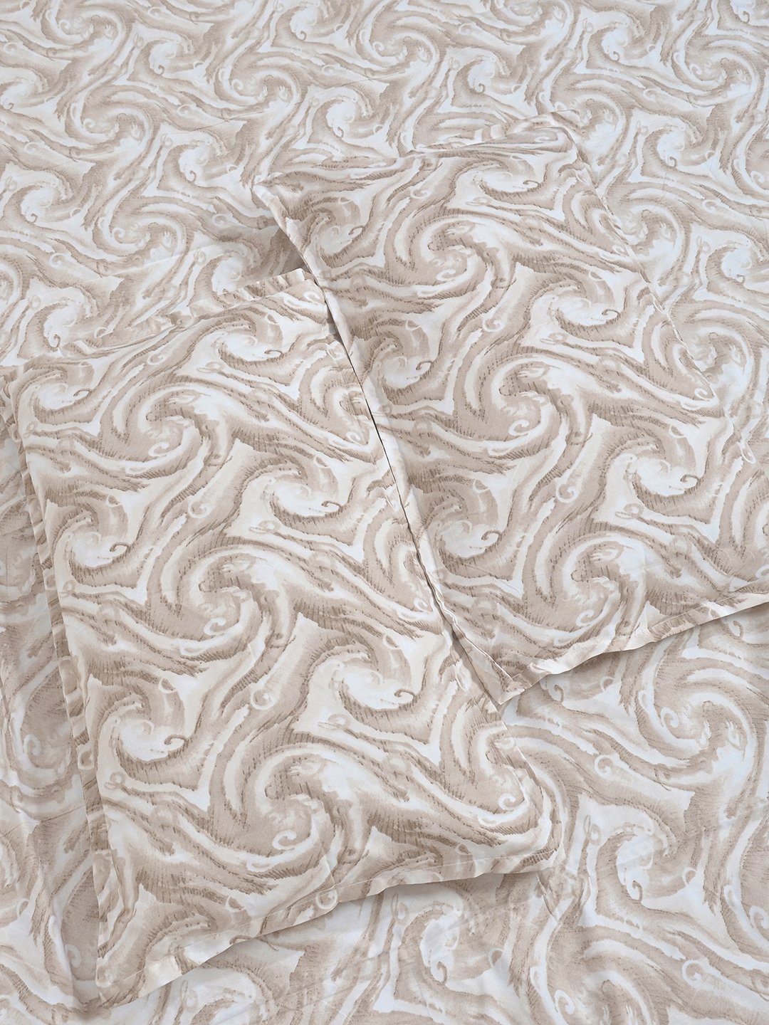 Beige Abstract 300 TC Cotton Blend Fitted Double Bedsheet with 2 Pillow Covers