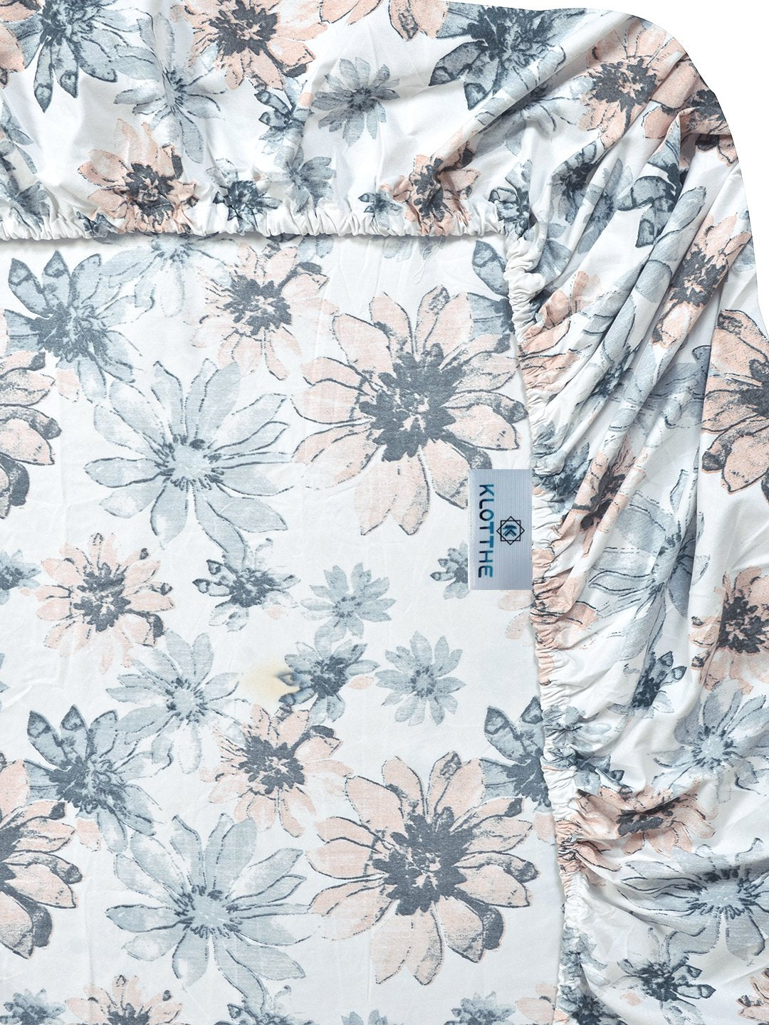 White Floral 300 TC Cotton Blend Fitted Single Bedsheet with Pillow Cover