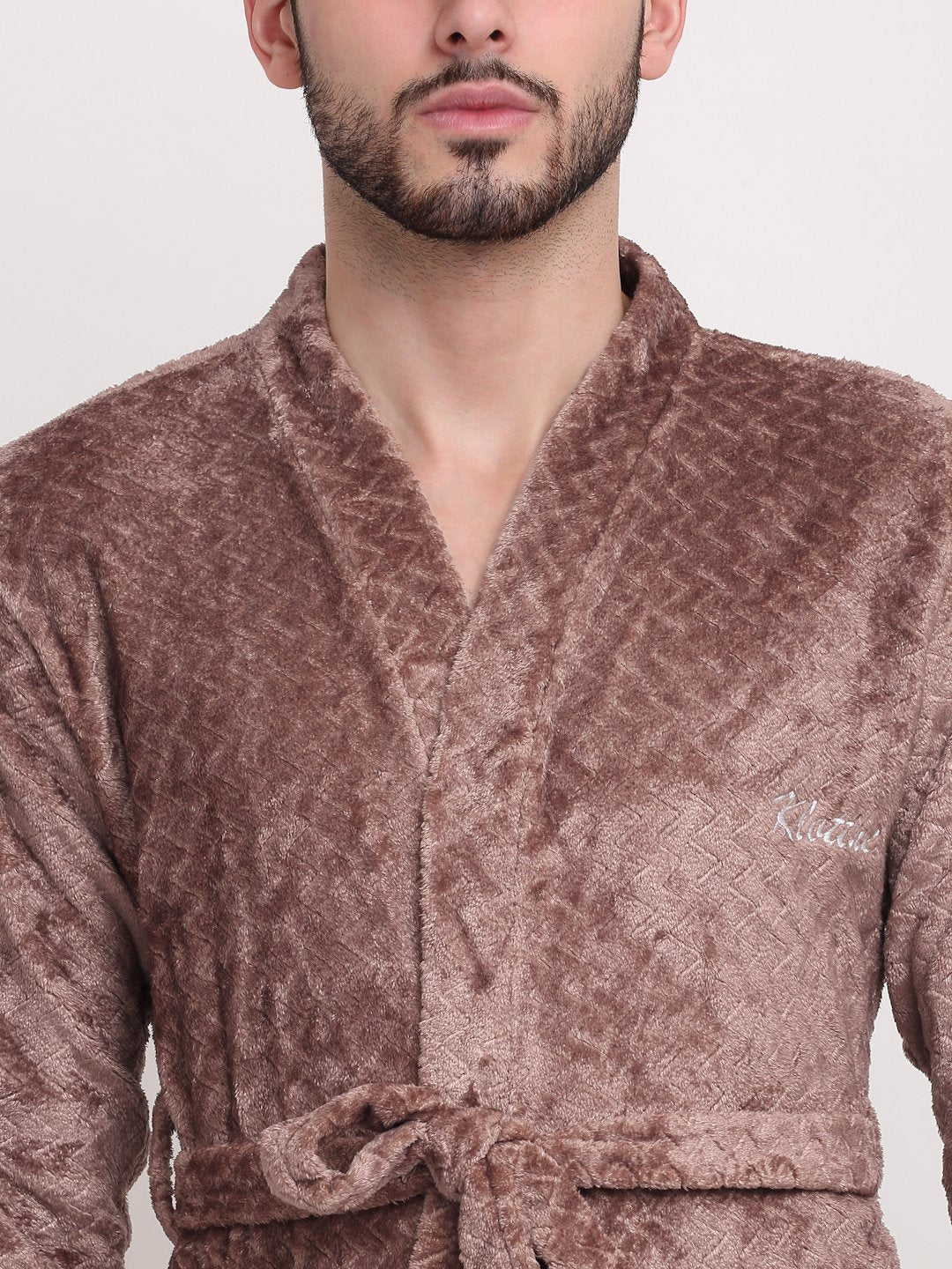 Men Brown Self Design Wool Bath Robe With Belt
