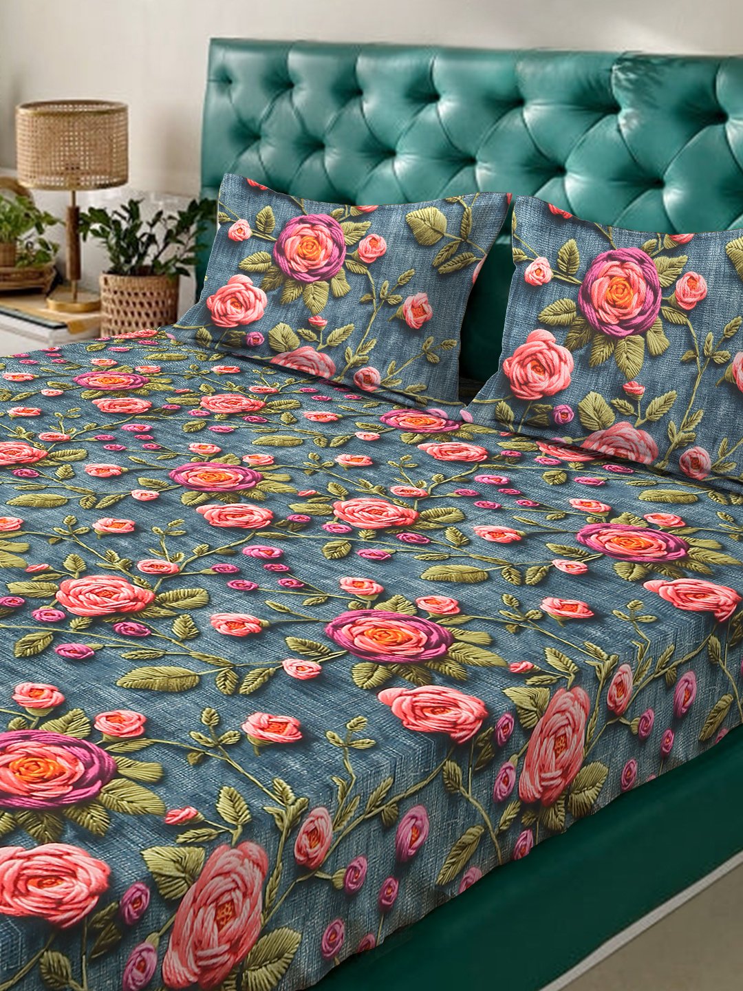 Turquoise Floral 7D King Size Cotton Blend Fitted Double Bedsheet with 2 Pillow Covers
