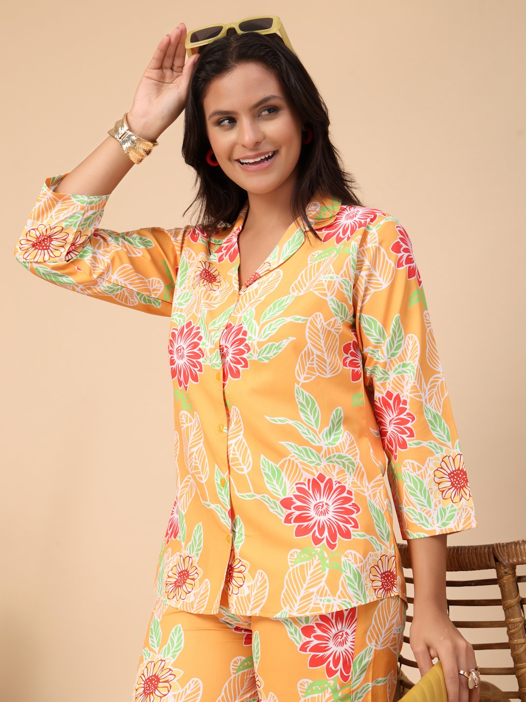 Yellow Cotton Printed Shirt With Trousers Co-Ords Set