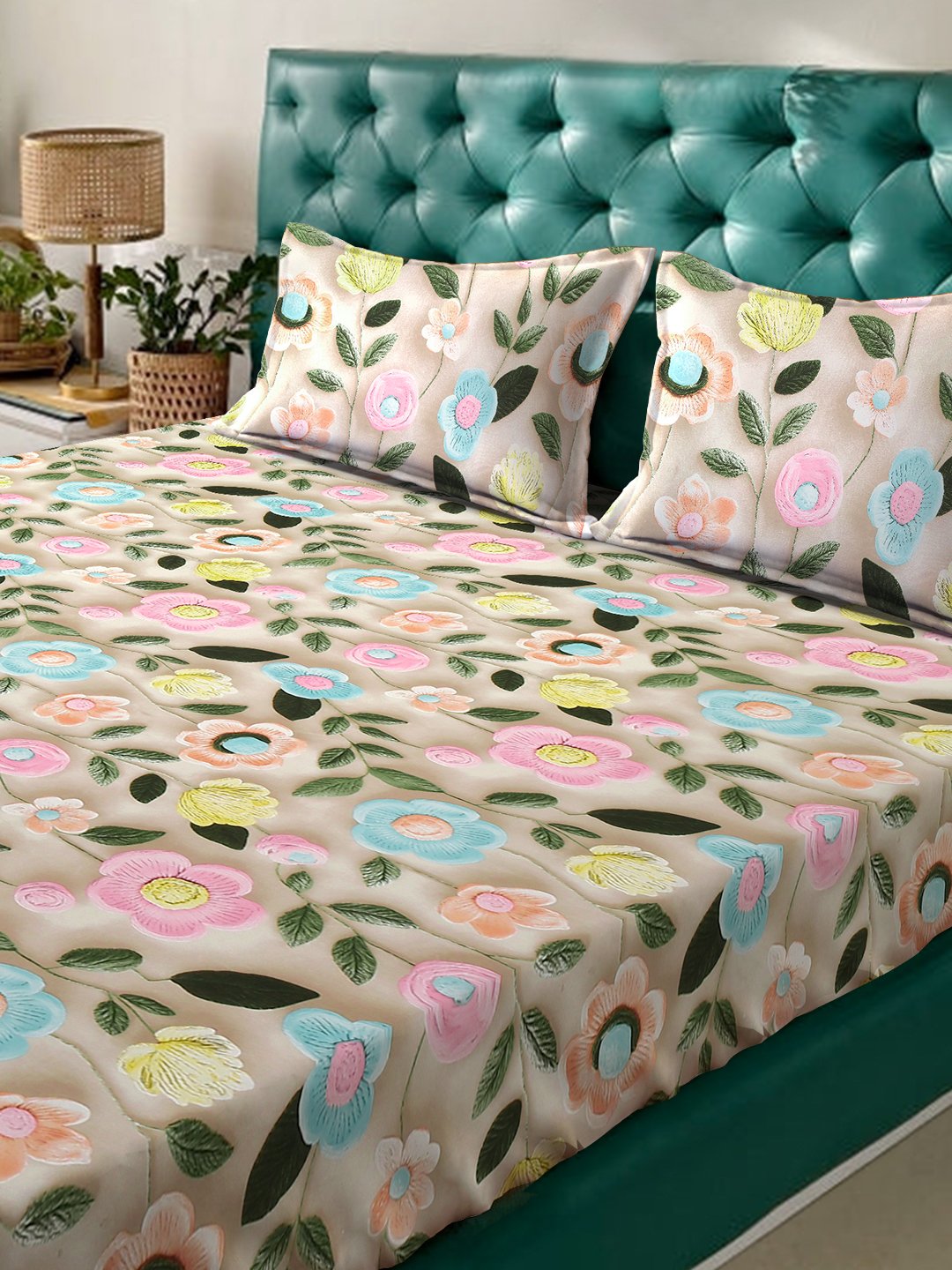 Beige Floral 7D King Size Cotton Blend Fitted Double Bedsheet with 2 Pillow Covers