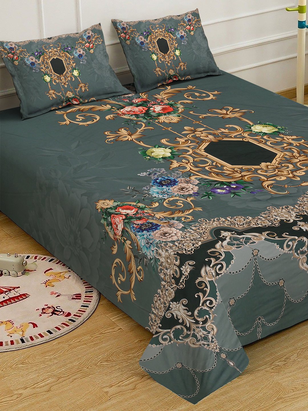 Green Digital Ethnic Motifs Printed Cotton Blend Double Bedsheet with 2 Pillow Covers
