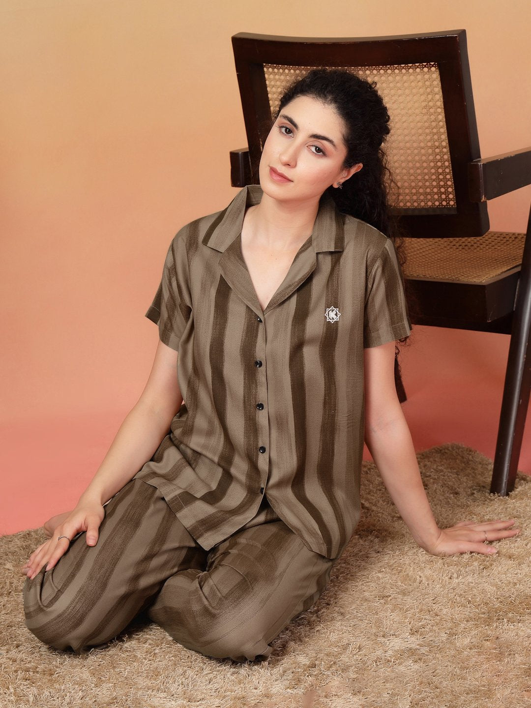 Women Brown Striped Pure Cotton Night Suit
