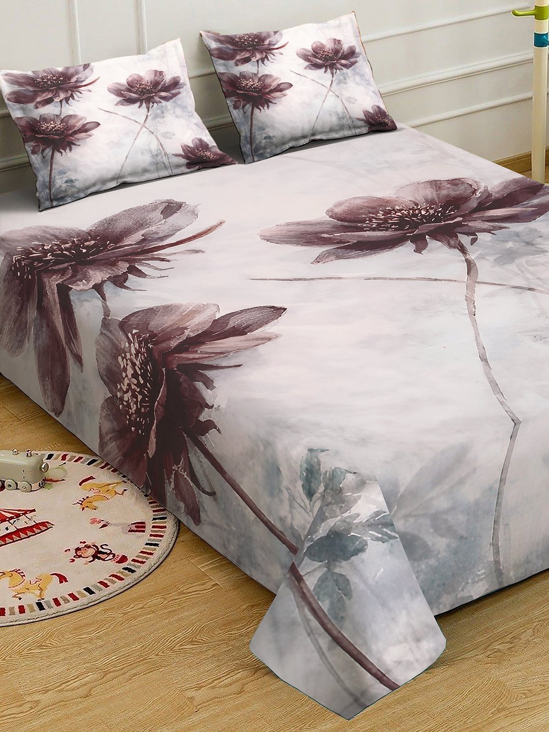Multi Digital Floral Printed Cotton Blend Fitted Double Bedsheet with 2 Pillow Covers