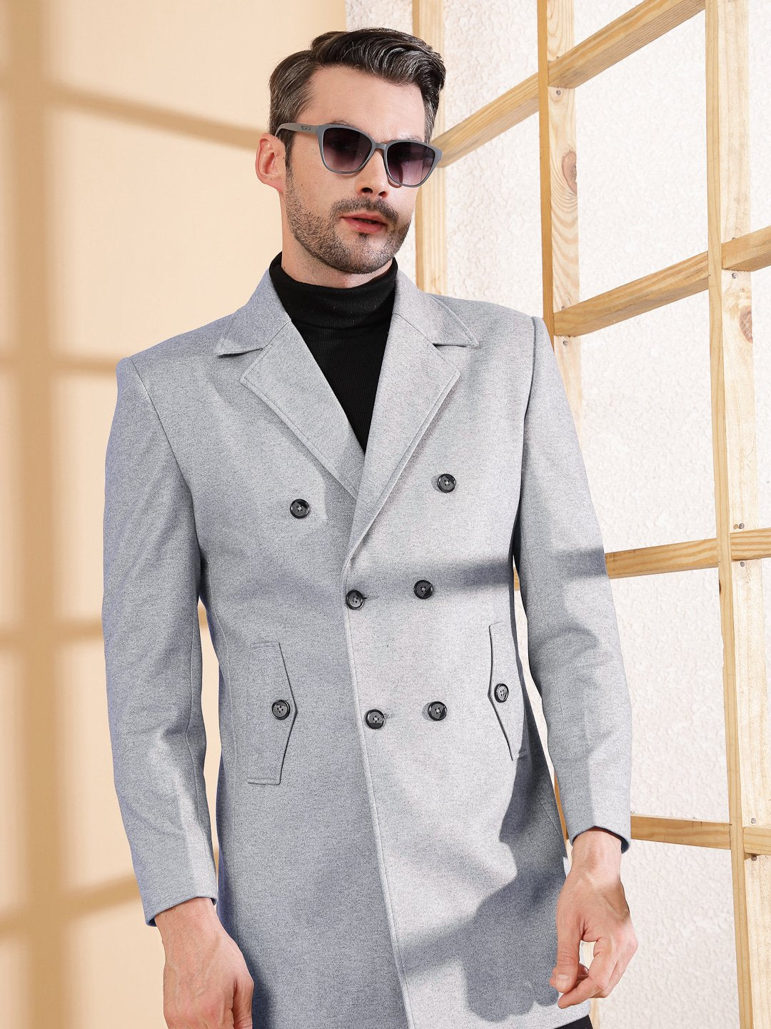 Grey Long Sleeve Double-Breasted Woolen Coat