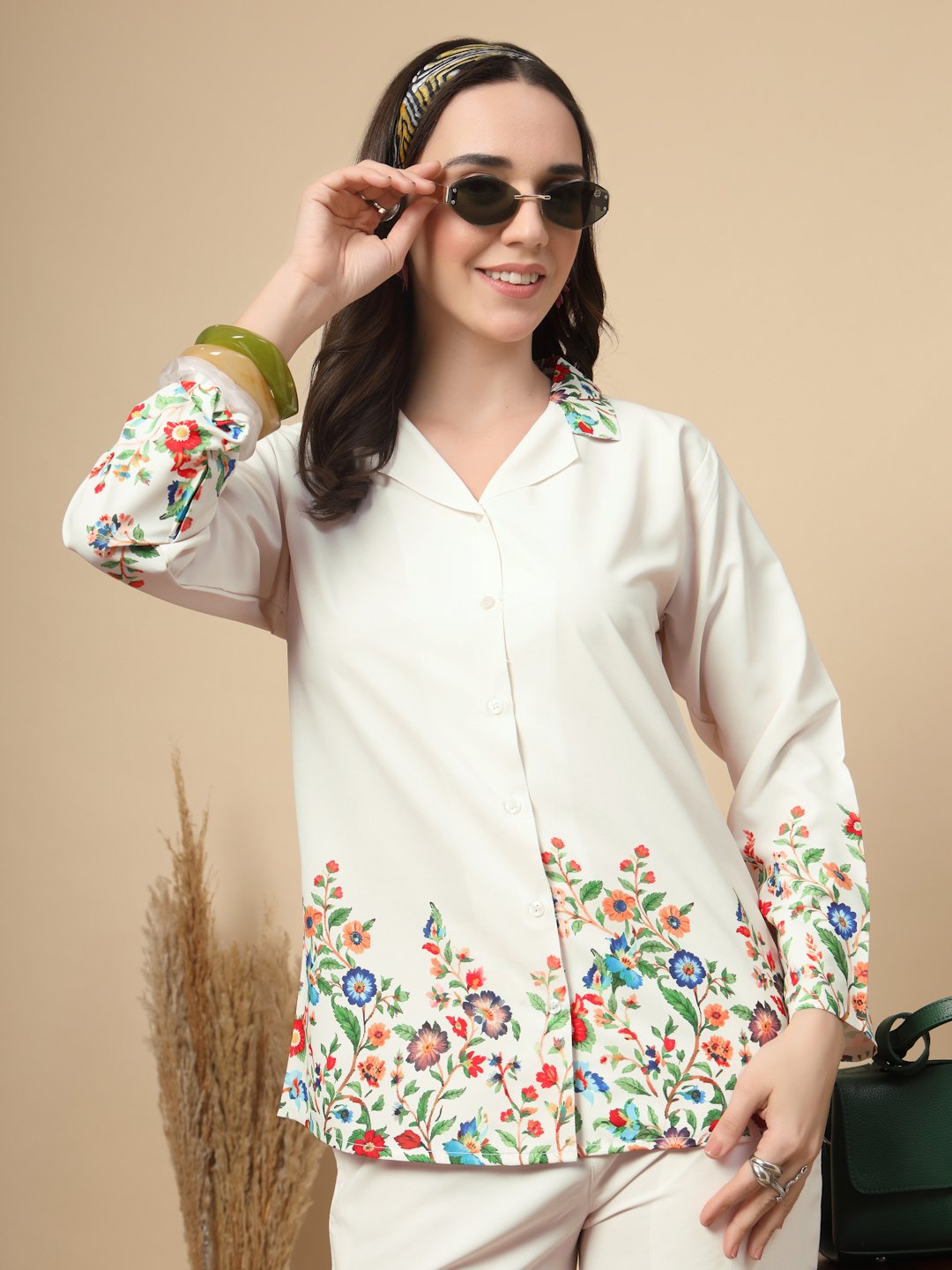 Cream Cotton Printed Shirt With Trousers Co-Ords Set